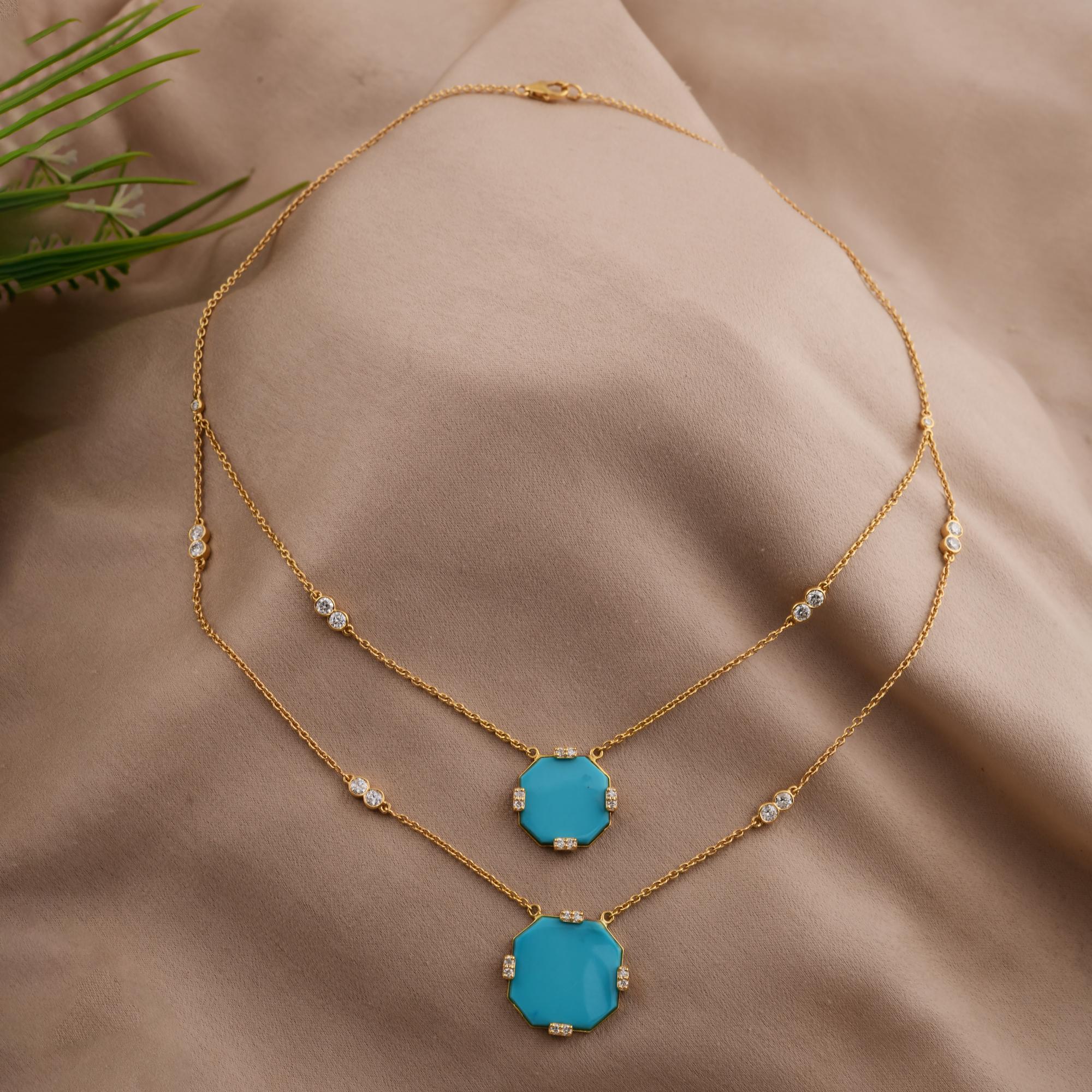 Modern Natural Turquoise Gemstone Necklace SI/H Diamond 18 Karat Yellow Gold Jewelry For Sale