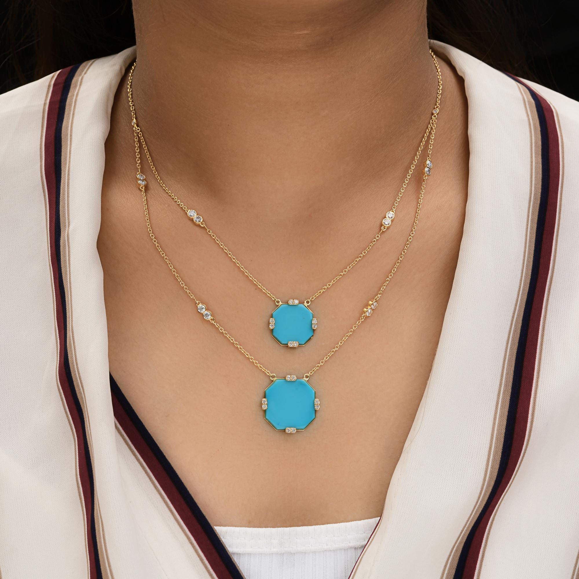 Octagon Cut Natural Turquoise Gemstone Necklace SI/H Diamond 18 Karat Yellow Gold Jewelry For Sale