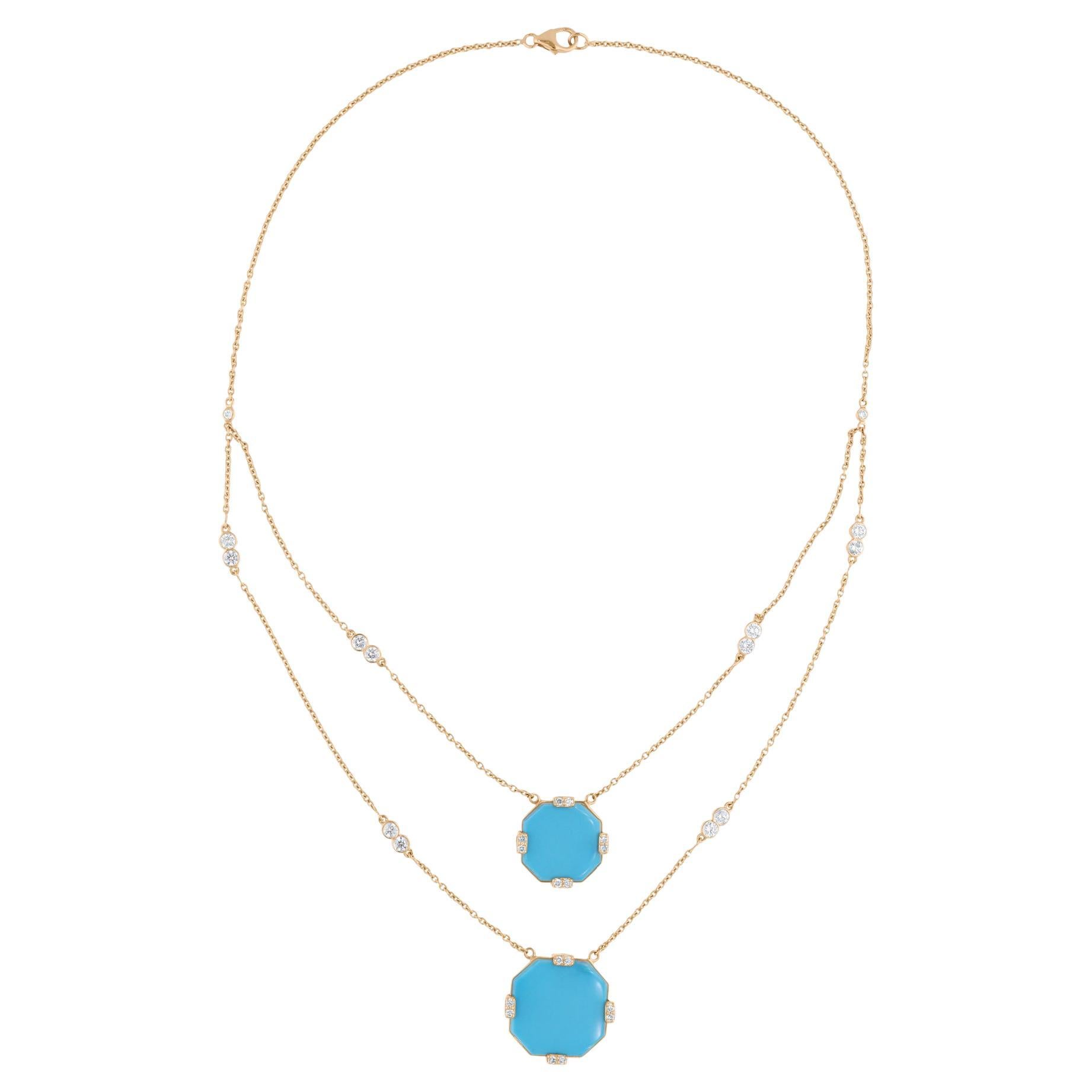 Natural Turquoise Gemstone Necklace SI/H Diamond 18 Karat Yellow Gold Jewelry