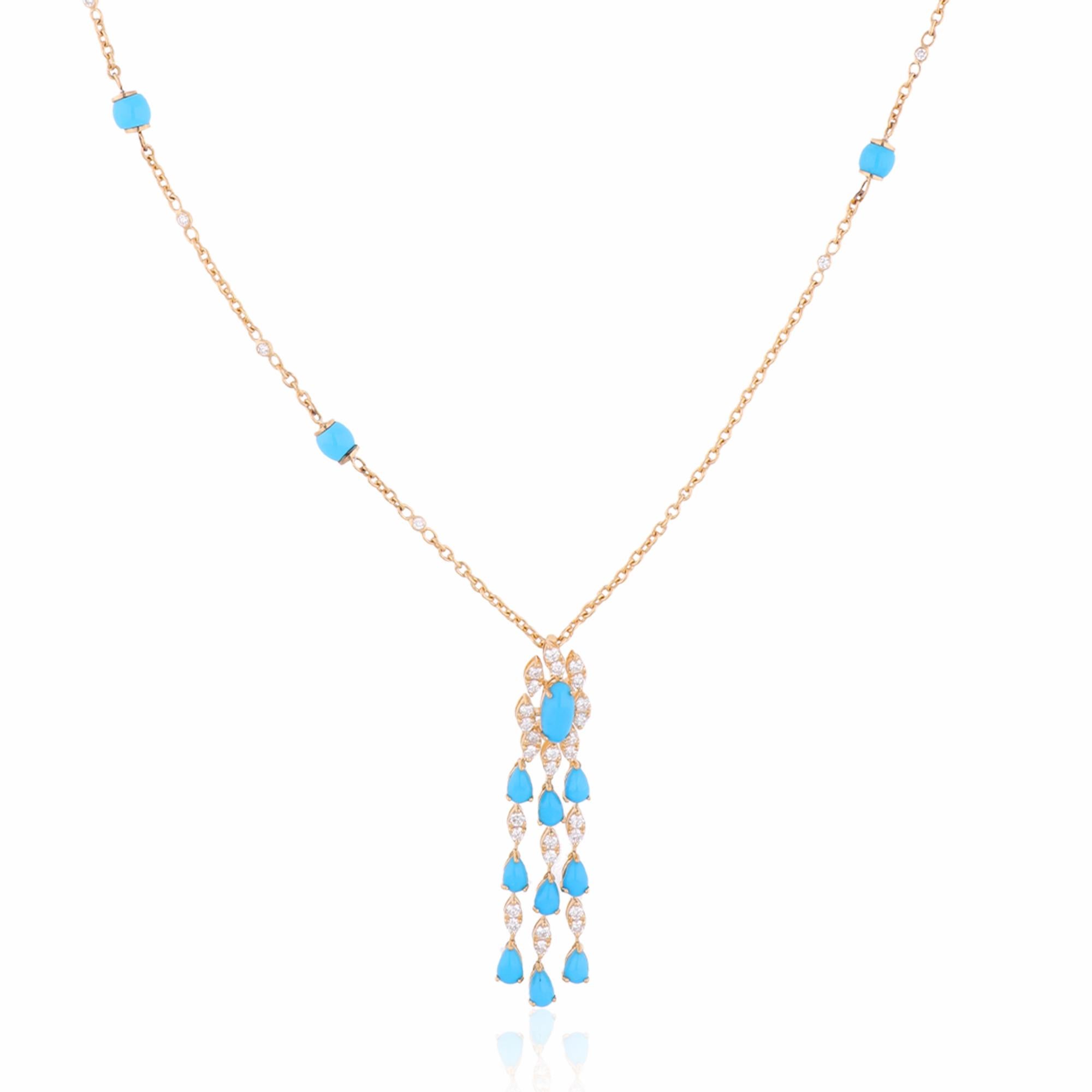 Item Code :- SEPD-3773
Gross Wt. :- 17.81 gm
18k Yellow Gold Wt. :- 15.87 gm
Natural Diamond Wt. :- 1.44 Ct.  ( AVERAGE DIAMOND CLARITY SI1-SI2 & COLOR H-I )
Turquoise Wt. :- 8.28 Ct.
Necklace Length :- 16 Inches Long

✦