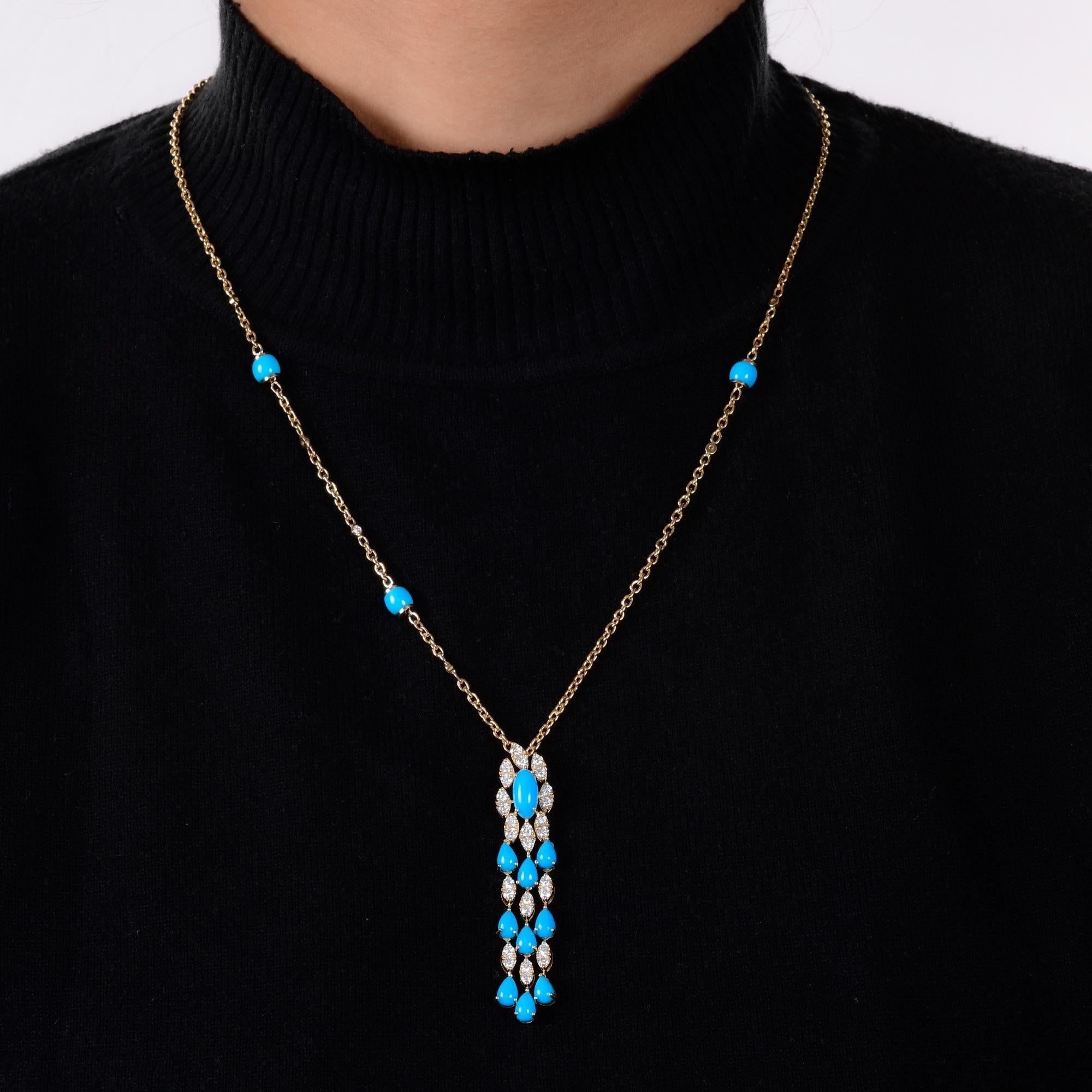 Modern Arizona Turquoise Gemstone Pendant Necklace Diamond 18 Karat Yellow Gold Jewelry For Sale