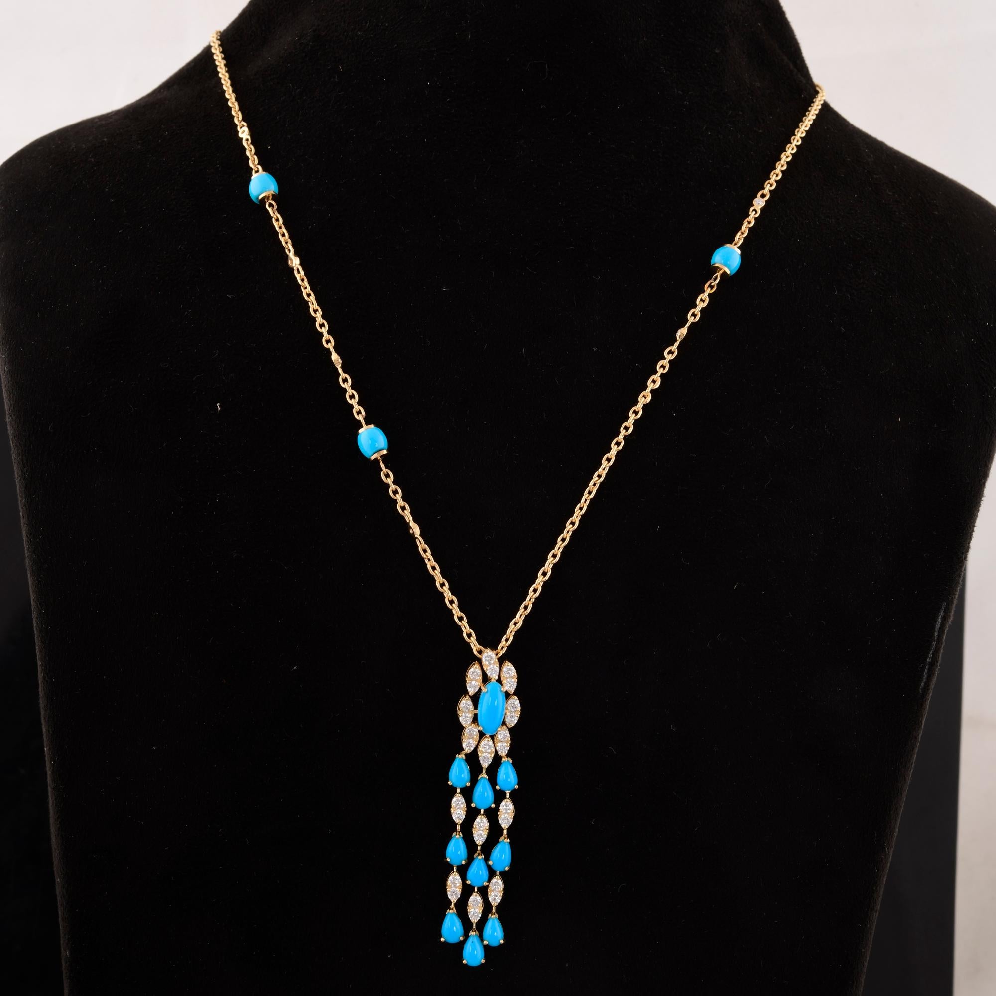 Women's Arizona Turquoise Gemstone Pendant Necklace Diamond 18 Karat Yellow Gold Jewelry For Sale