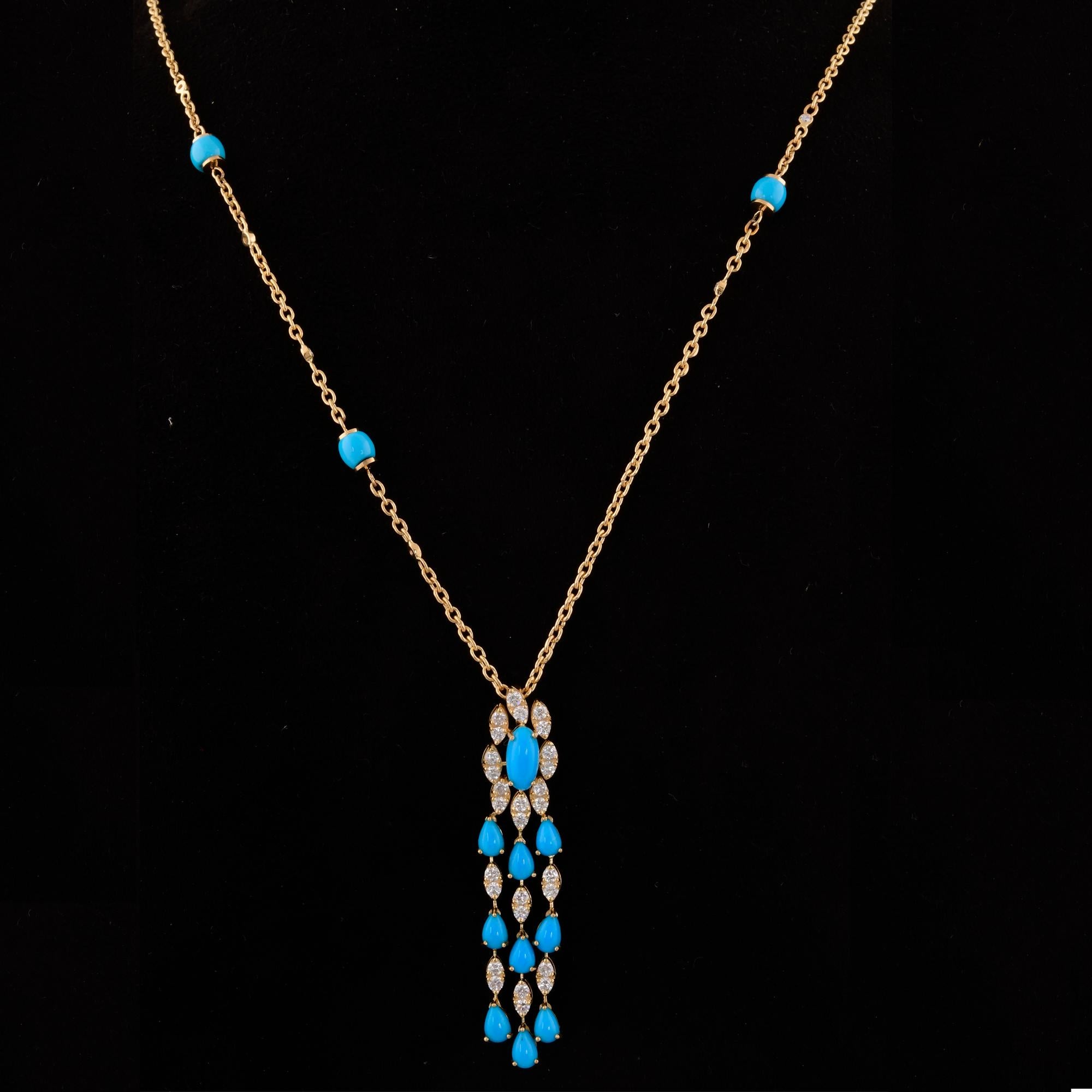 Women's Arizona Turquoise Gemstone Pendant Necklace Diamond 18 Karat Yellow Gold Jewelry For Sale