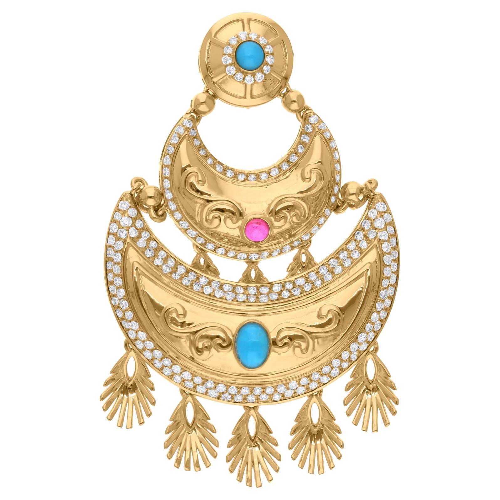 Colgante de gema de turquesa natural SI/H Diamante Joyas de oro amarillo de 14 quilates