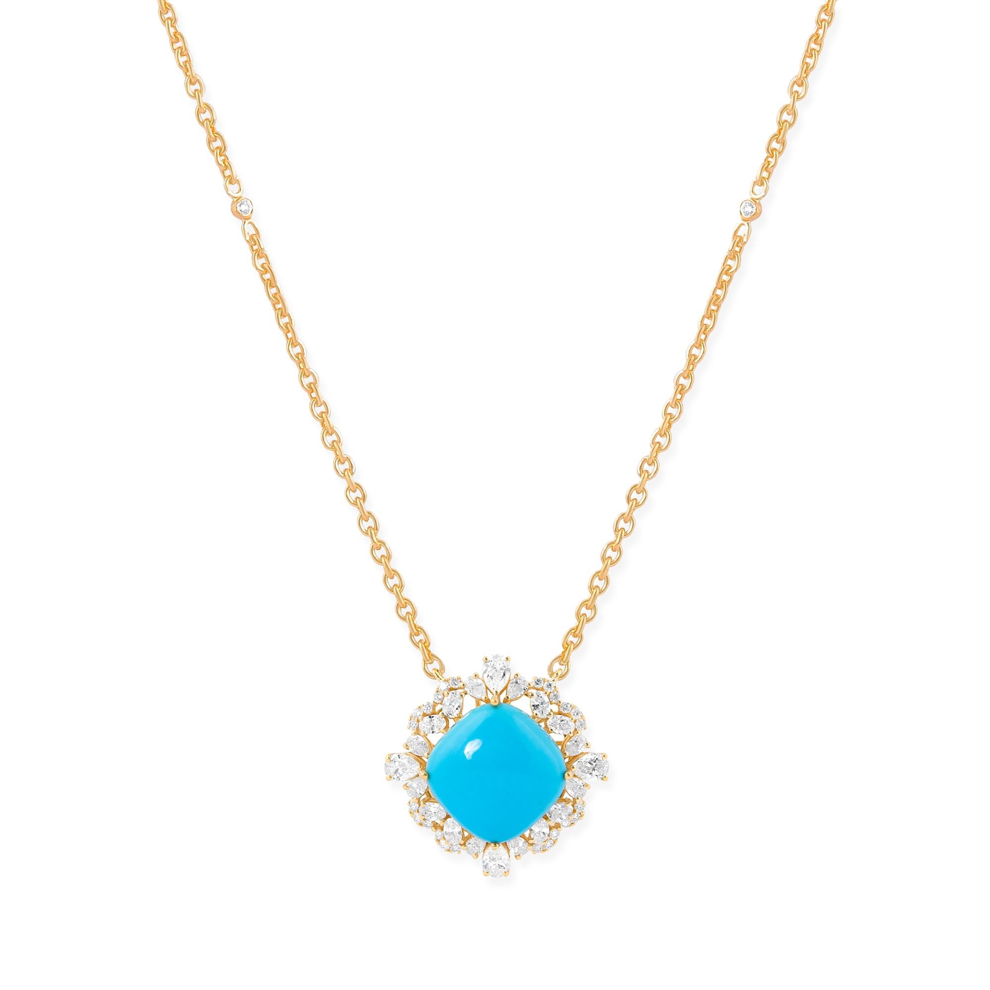 Coulés dans de l'or 18 carats, ces pendentifs exquis sont sertis de 7,98 carats de turquoise Arizona et de 1,57 carats de diamants étincelants.

Suivez la vitrine de Spectrum Jewels pour découvrir la dernière collection et les pièces exclusives.