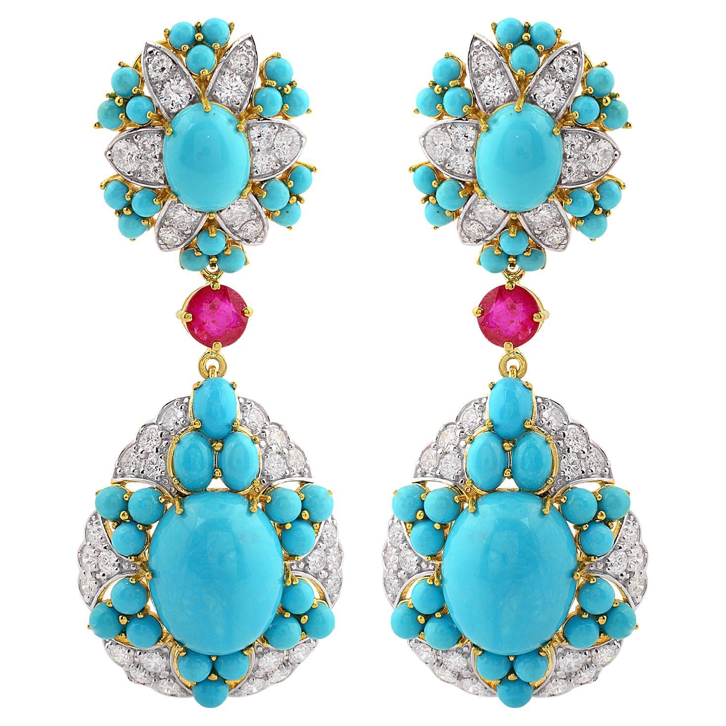Arizona Turquoise Gemstone Ruby Diamond Dangle Earrings 14 Karat Yellow Gold For Sale