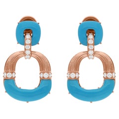 Arizona Turquoise Gemstone SI/H Diamond 18 Karat Rose Gold Dangle Earrings