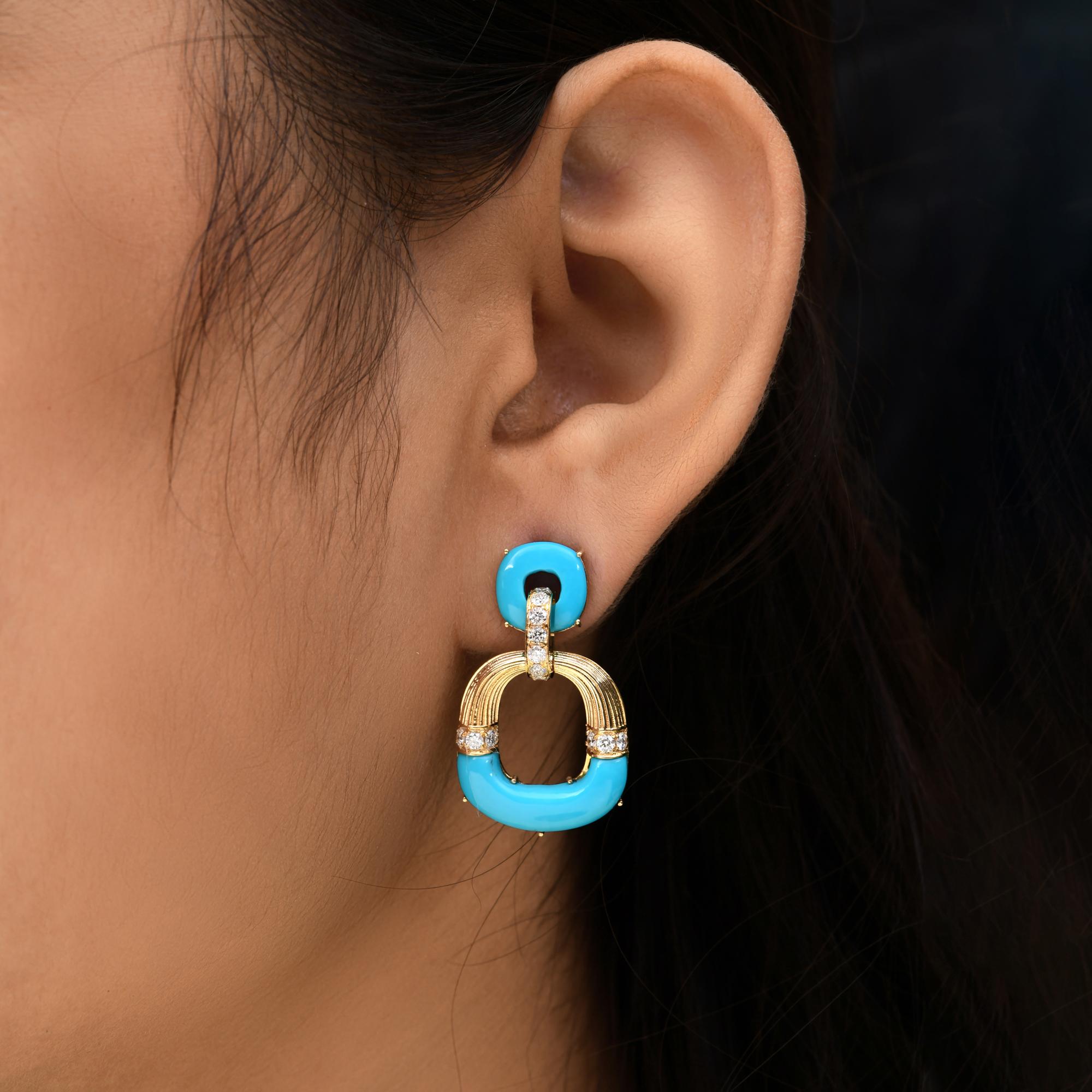 Modern Arizona Turquoise Gemstone SI/HI Diamond 14 Karat Yellow Gold Dangle Earrings For Sale