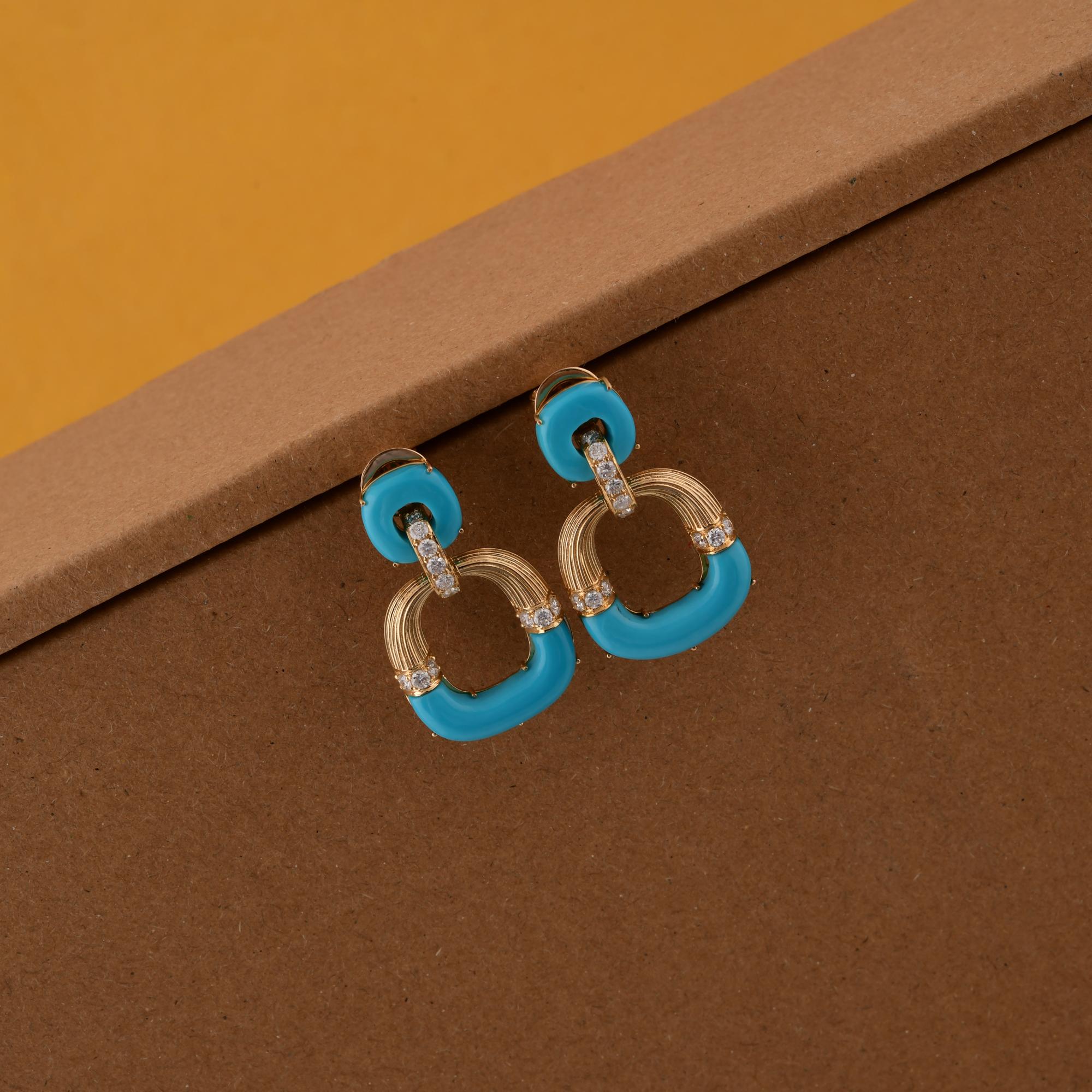 Round Cut Arizona Turquoise Gemstone SI/HI Diamond 14 Karat Yellow Gold Dangle Earrings For Sale