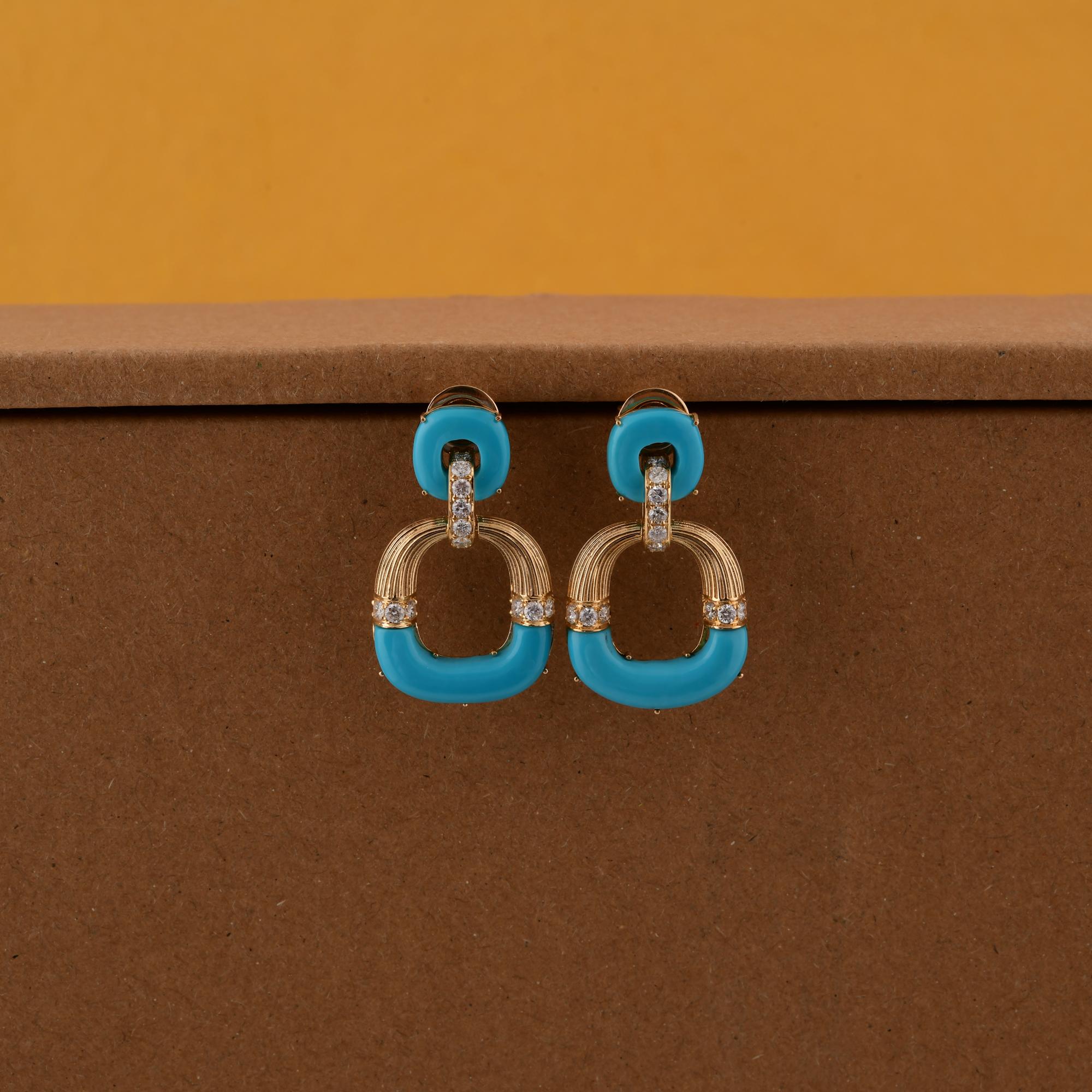 Arizona Turquoise Gemstone SI/HI Diamond 14 Karat Yellow Gold Dangle Earrings In New Condition For Sale In Diera, Dubai