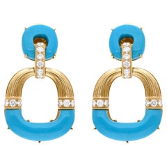 Arizona Türkis Edelstein SI/HI Diamant 14 Karat Gelbgold baumeln Ohrringe