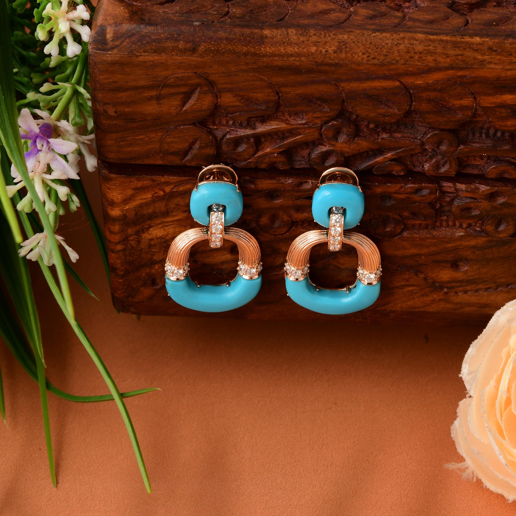 Arizona Türkis Edelstein SI/HI Diamant 18 Karat Rose Gold Ohrringe baumeln im Zustand „Neu“ im Angebot in Diera, Dubai