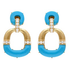 Arizona Turquoise Gemstone SI/HI Diamond 18 Karat Yellow Gold Dangle Earrings