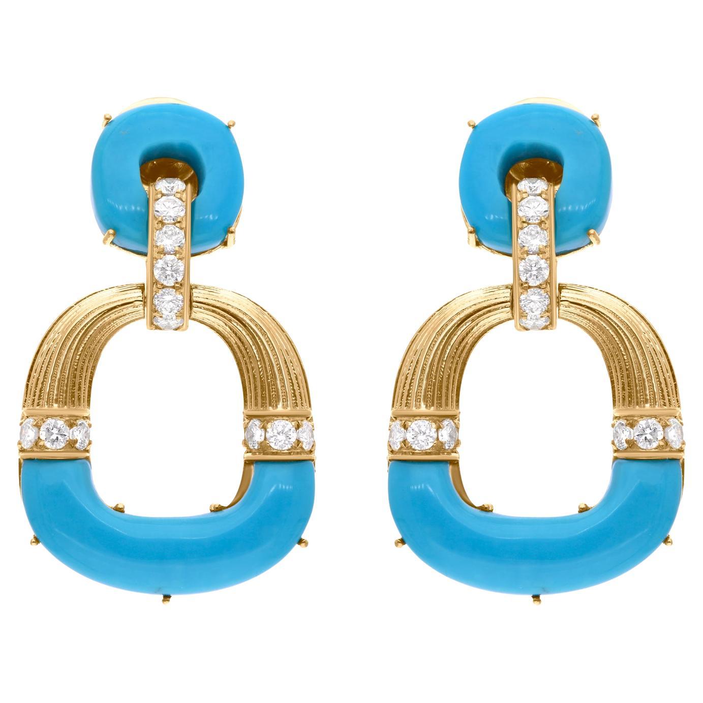 Arizona Turquoise Gemstone SI/HI Diamond 18 Karat Yellow Gold Dangle Earrings