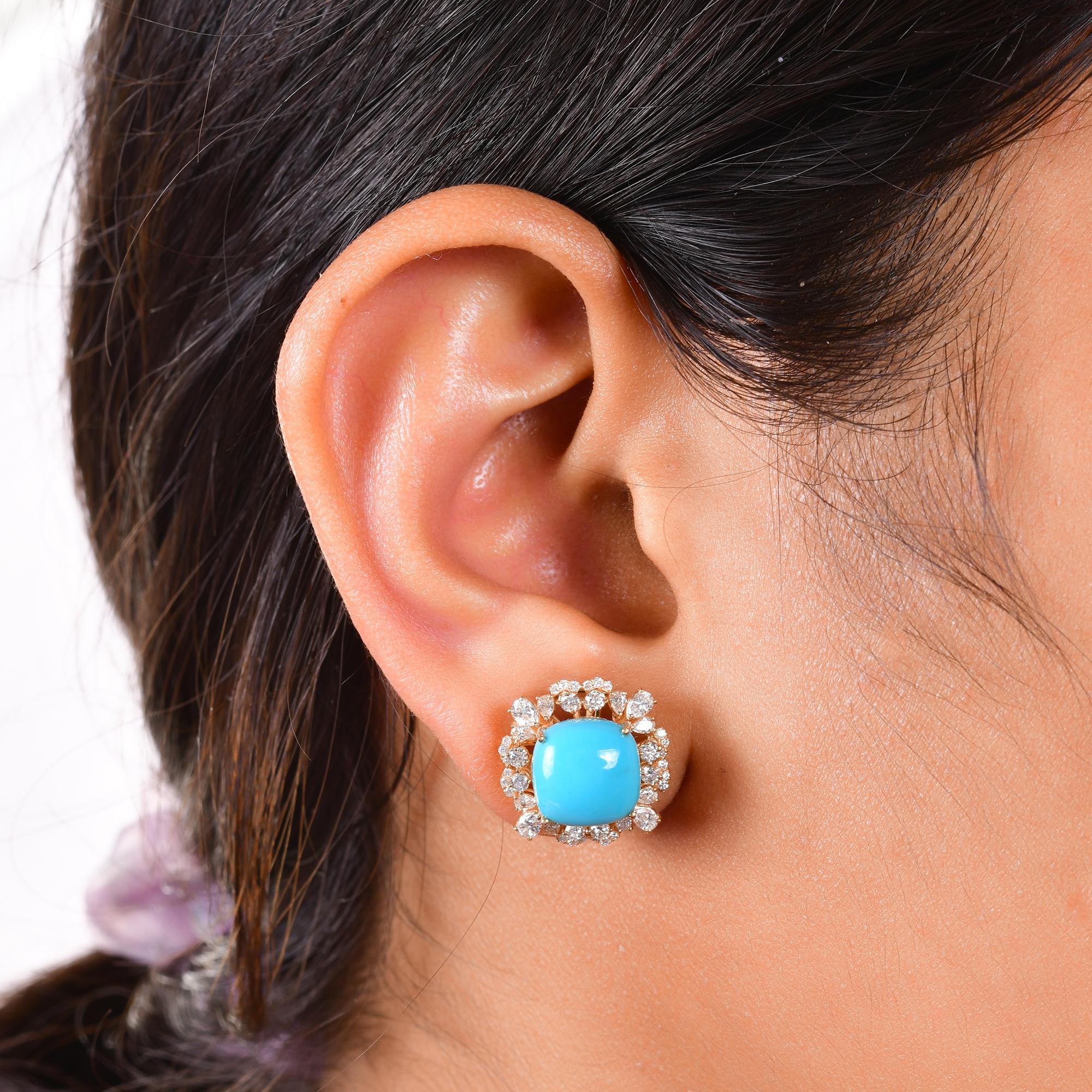 Modern Arizona Turquoise Gemstone Stud Earrings Diamond 14 Karat Yellow Gold Jewelry For Sale
