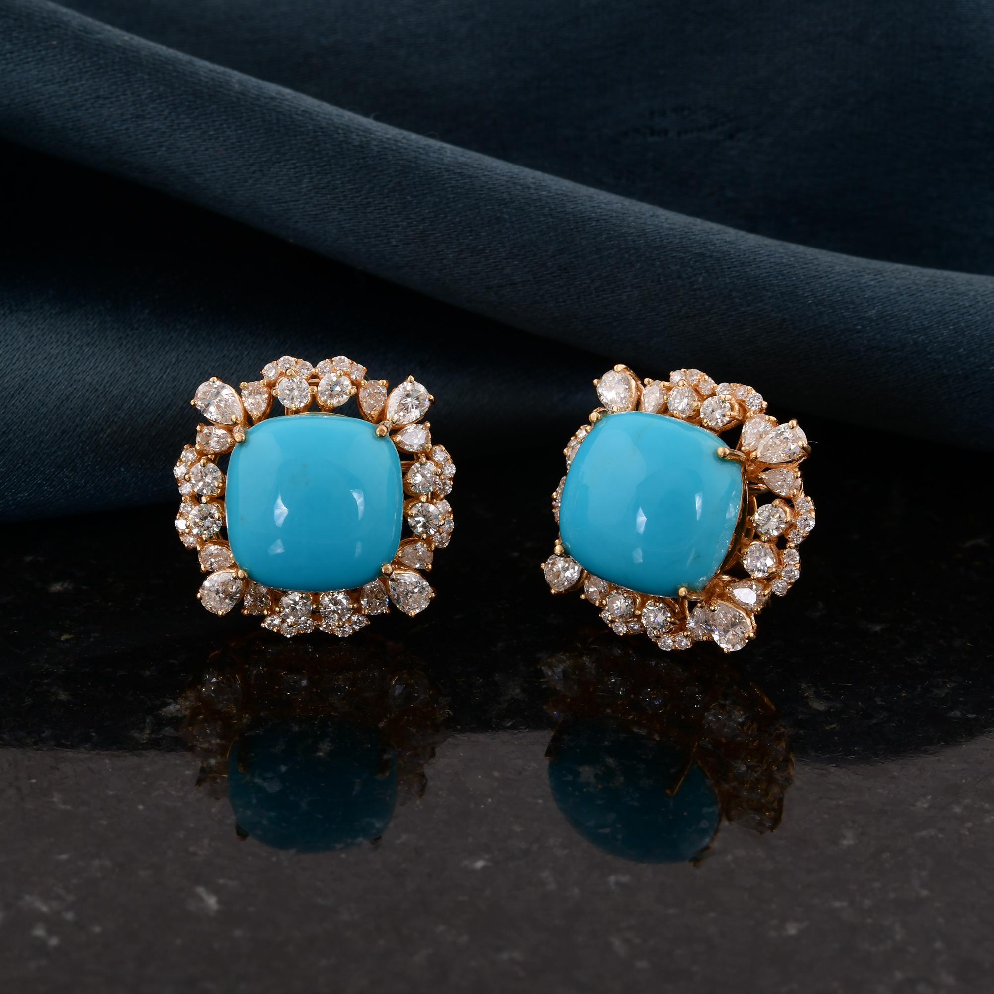 Cushion Cut Arizona Turquoise Gemstone Stud Earrings Diamond 14 Karat Yellow Gold Jewelry For Sale