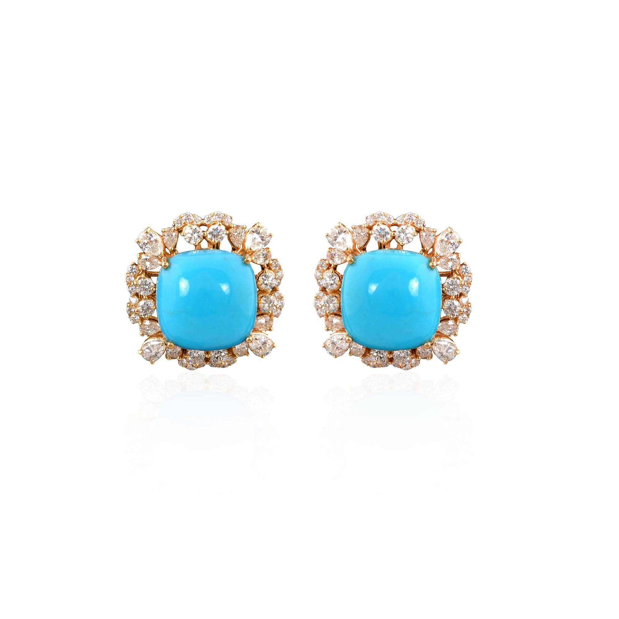 Women's Arizona Turquoise Gemstone Stud Earrings Diamond 14 Karat Yellow Gold Jewelry For Sale