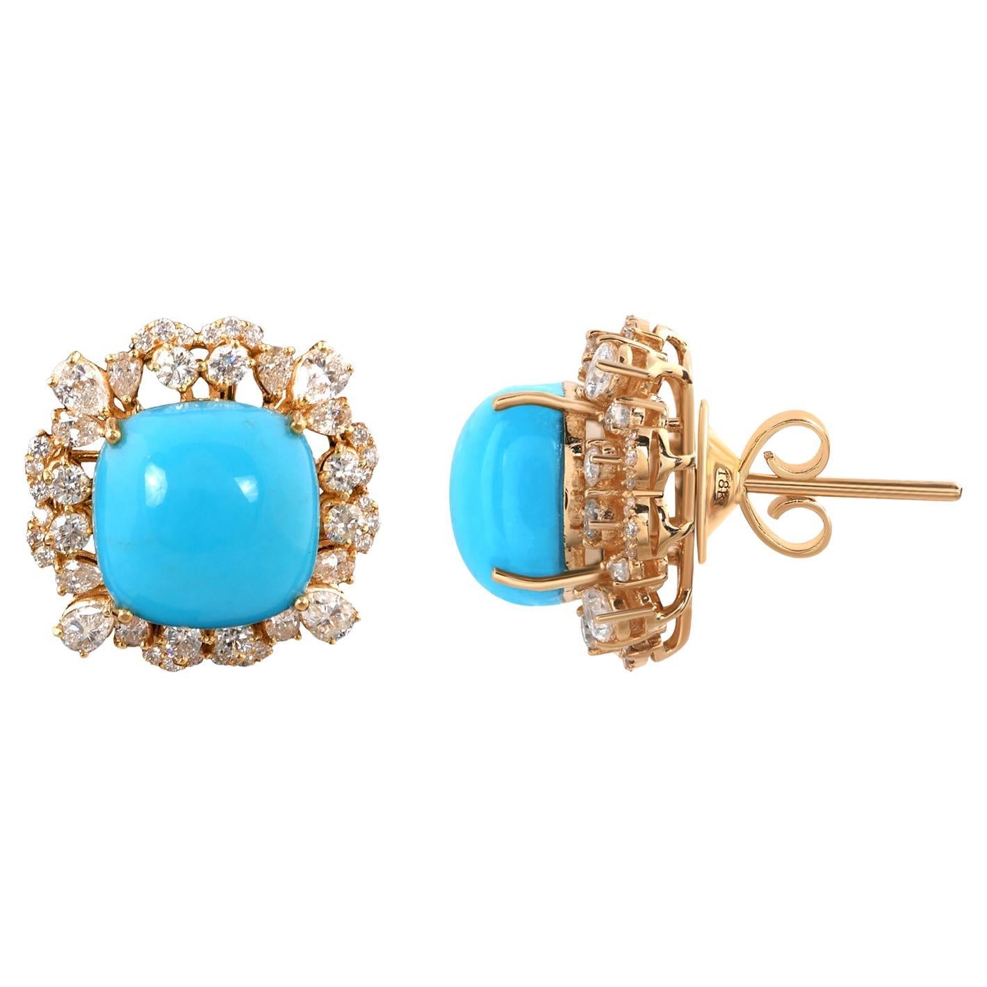 Arizona Turquoise Gemstone Stud Earrings Diamond 14 Karat Yellow Gold Jewelry