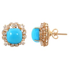 Arizona Turquoise Gemstone Stud Earrings Diamond 14 Karat Yellow Gold Jewelry