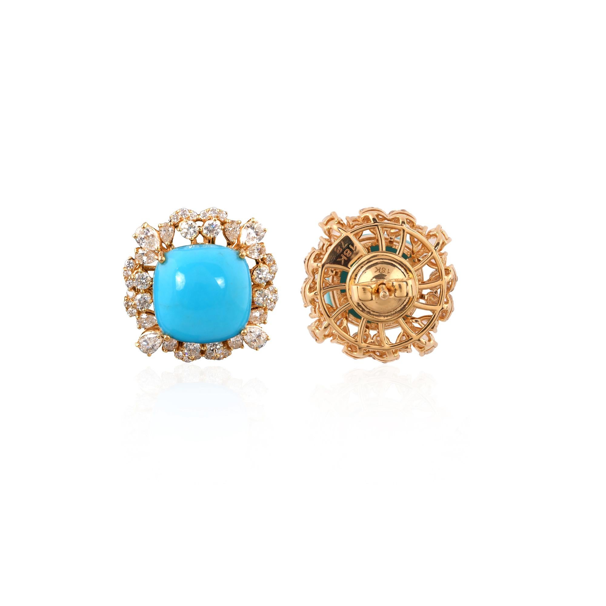 Indulge in the timeless elegance of these Arizona Turquoise Gemstone Stud Earrings, exquisitely crafted in 18 Karat Yellow Gold and adorned with sparkling diamonds. These earrings seamlessly blend luxury with natural beauty, making them a