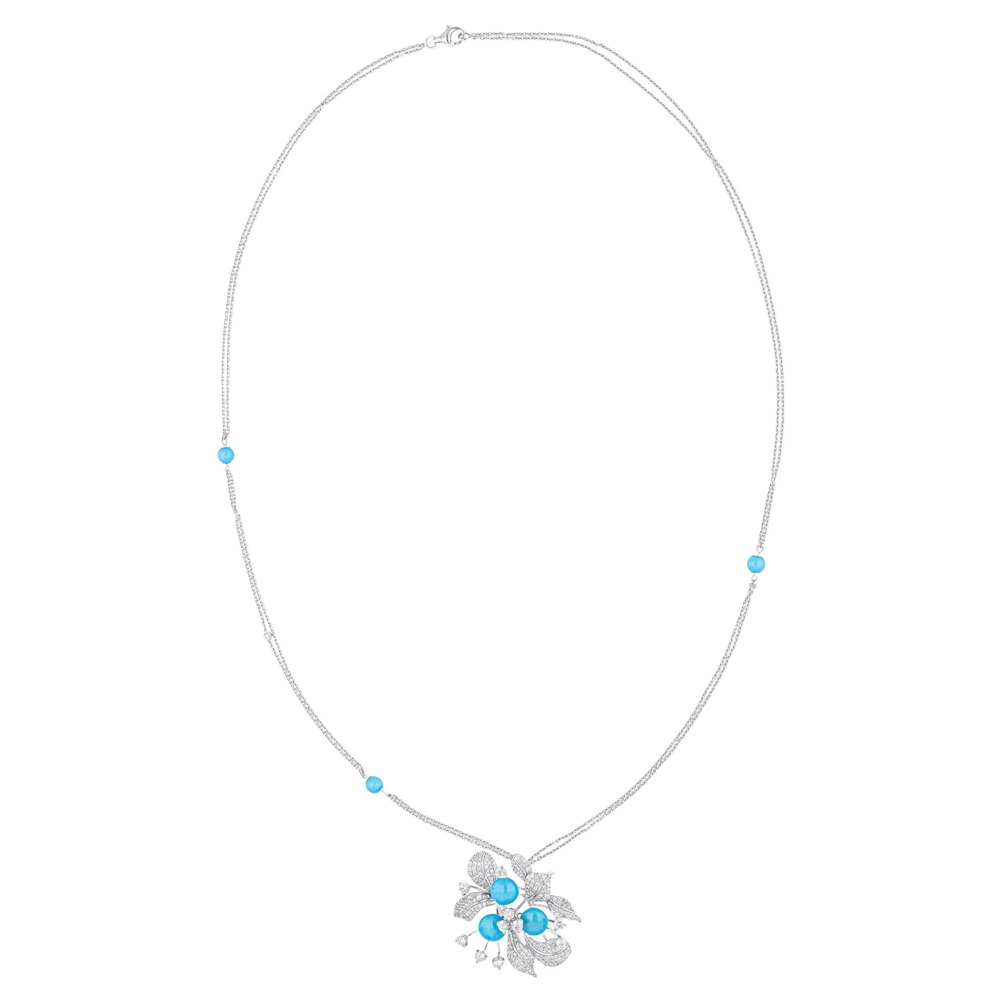 Arizona Turquoise Pendant SI/H Round Brilliant Cut Diamond 14 Karat White Gold