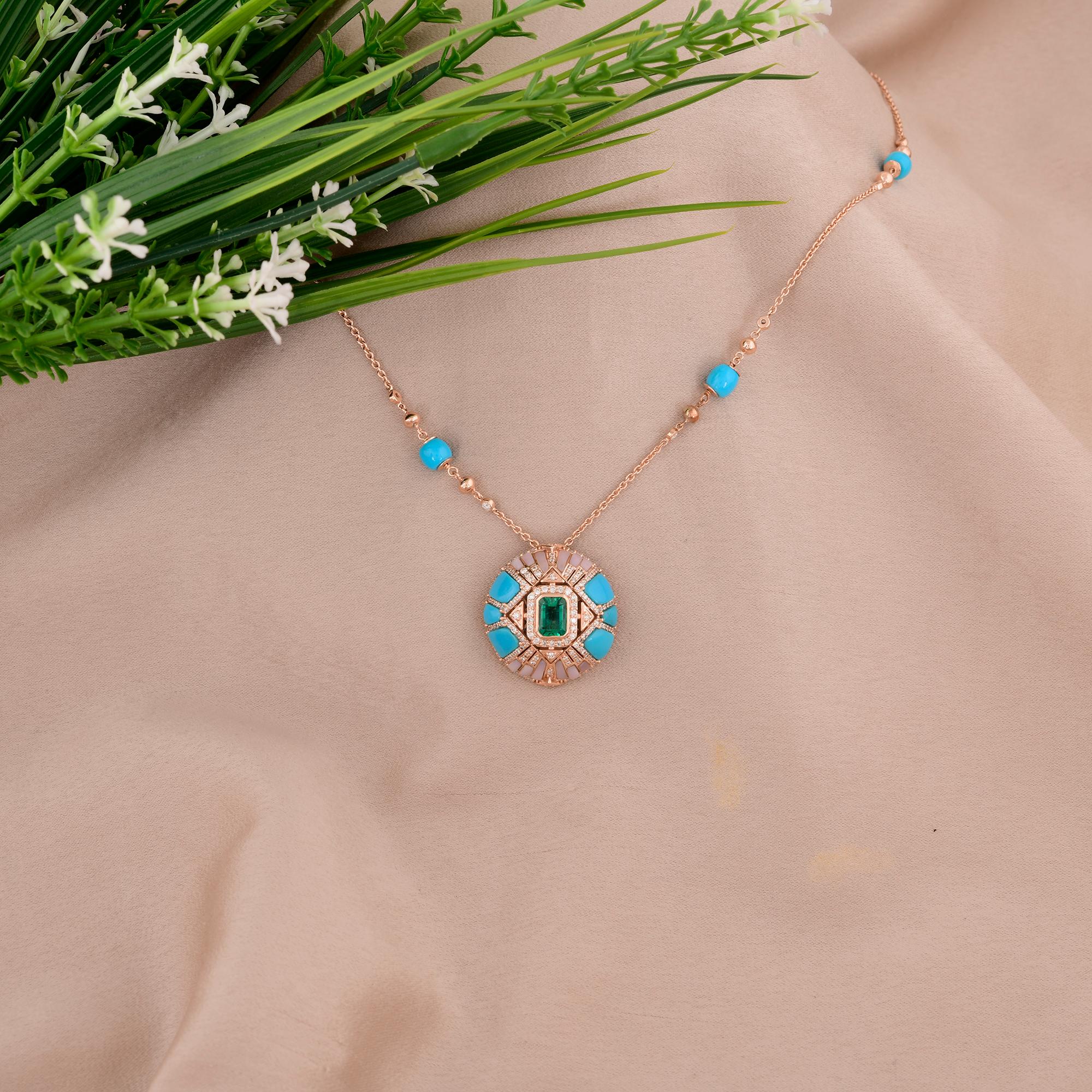 Modern Arizona Turquoise Pendant Zambian Emerald Necklace Diamond 14 Karat Rose Gold For Sale