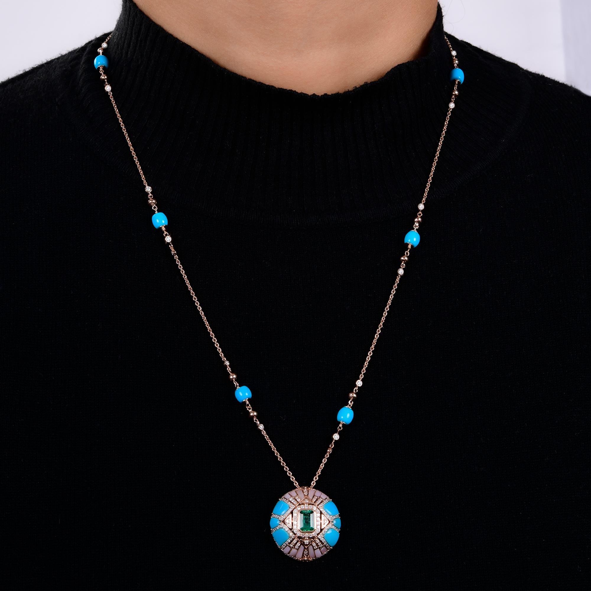 Women's Arizona Turquoise Pendant Zambian Emerald Necklace Diamond 14 Karat Rose Gold For Sale