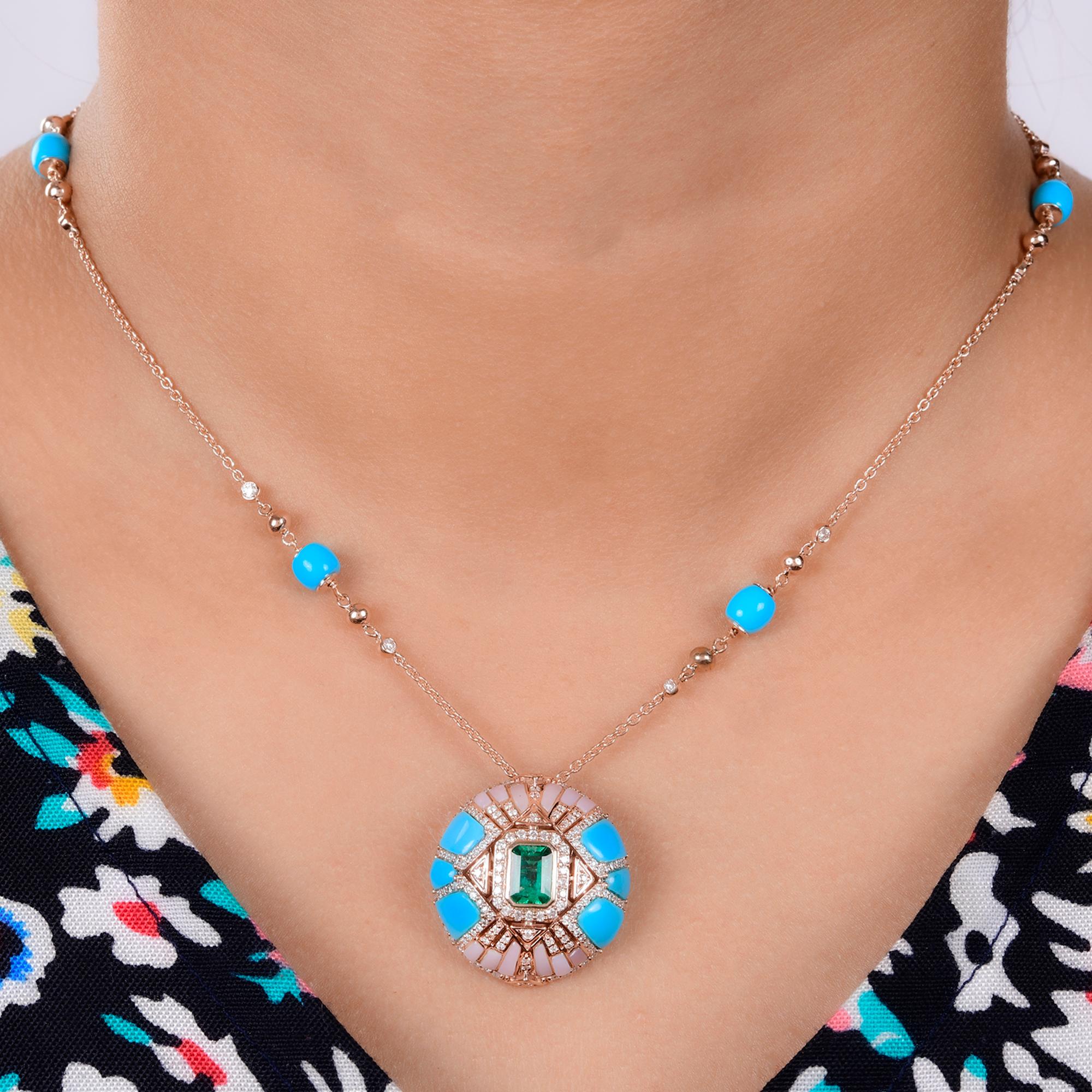 Arizona Turquoise Pendant Zambian Emerald Necklace Diamond 14 Karat Rose Gold For Sale 1
