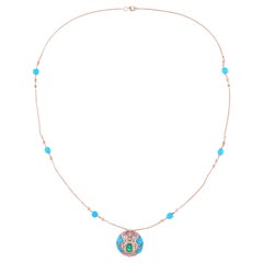 Collier pendentif turquoise d'Arizona, émeraude de Zambie, diamants et or rose 14 carats