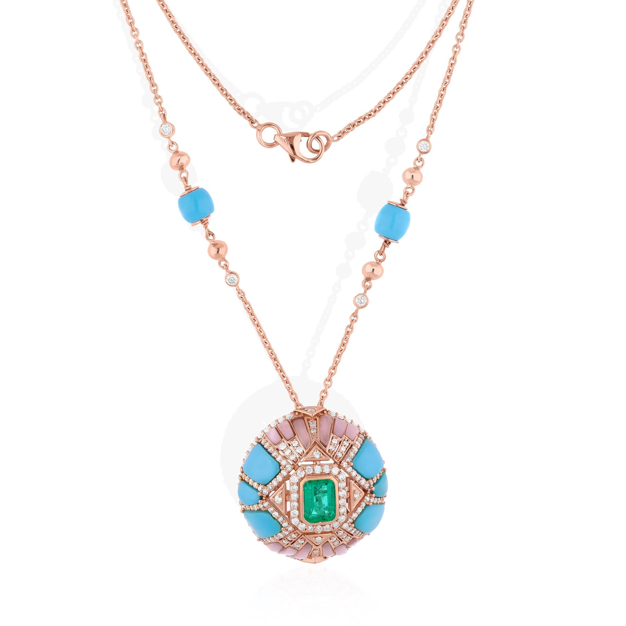The focal point of this stunning necklace is the Arizona turquoise pendant, a gemstone renowned for its striking blue-green color reminiscent of the clear desert skies. Surrounding the turquoise are radiant Zambian emeralds, each carefully chosen