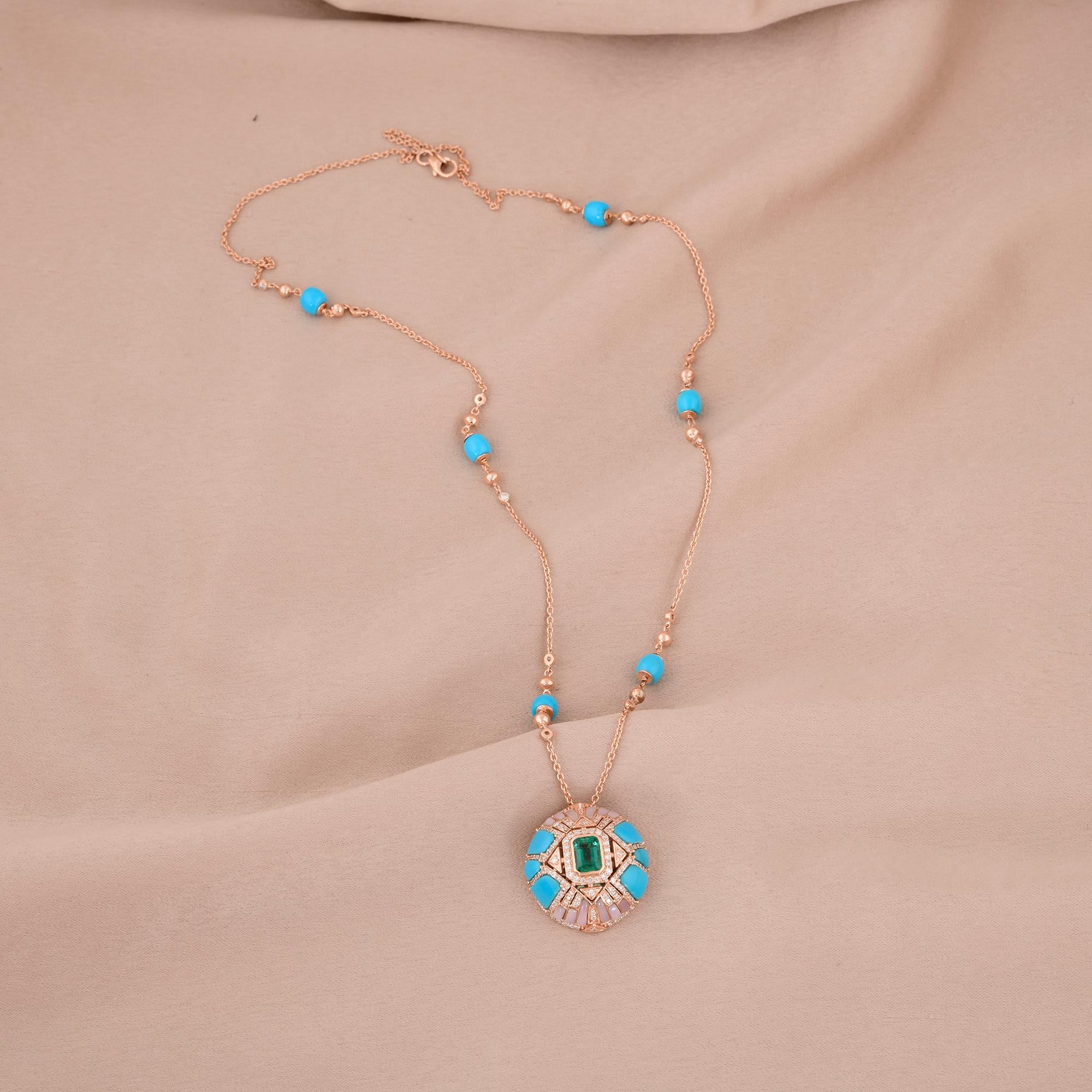 Bead Arizona Turquoise Pendant Zambian Emerald Necklace Diamond 18 Karat Rose Gold For Sale
