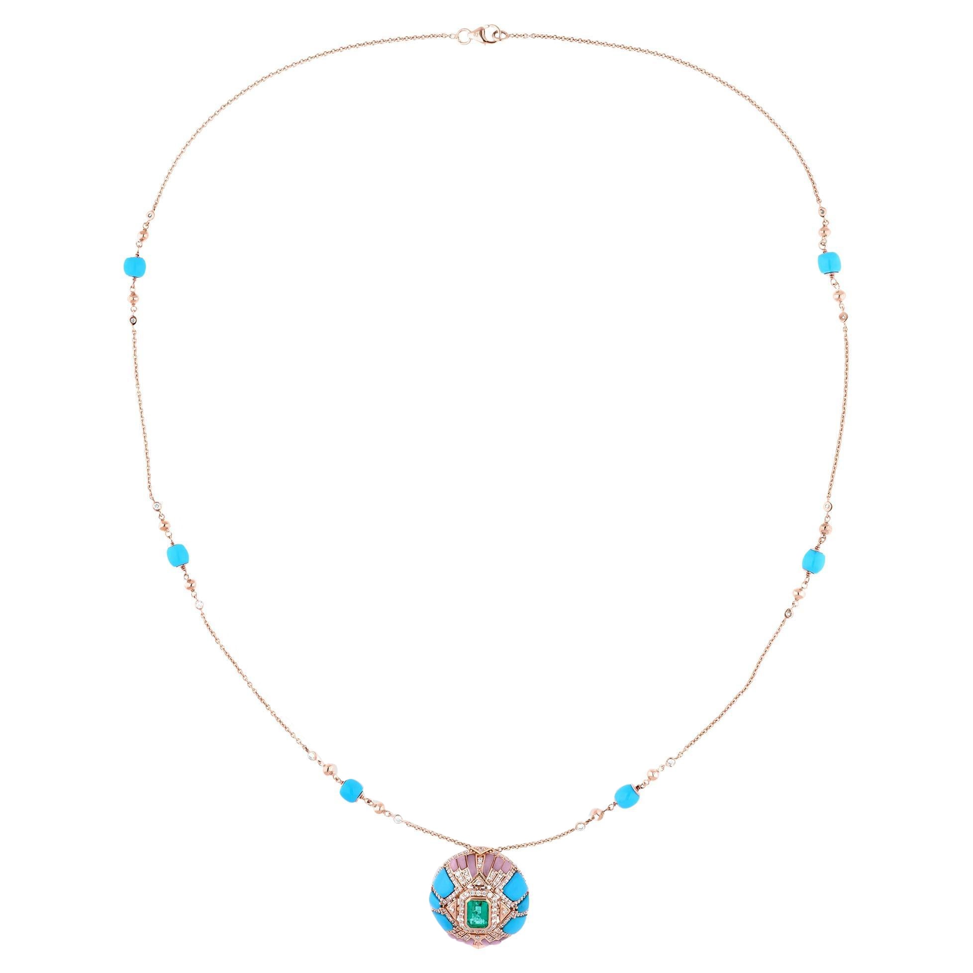 Ciondolo di turchese dell'Arizona Collana di smeraldi dello Zambia con diamanti in oro rosa 18 carati
