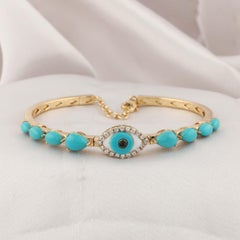 Arizona Turquoise SI/H Diamond Evil Eye Bracelet 14 Karat Yellow Gold