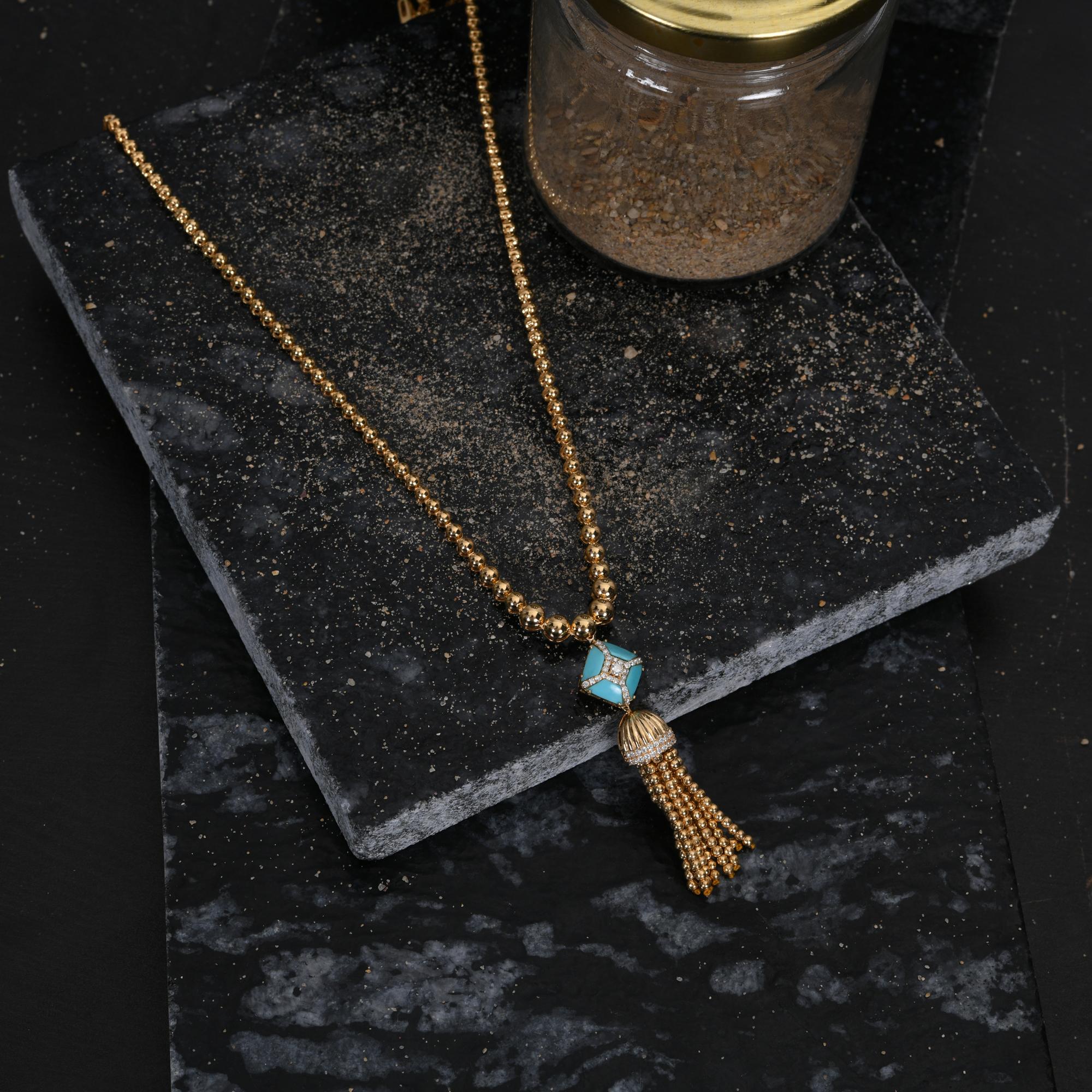Modern Arizona Turquoise Tassel Pendant 14 Karat Yellow Gold Necklace Diamond Jewelry For Sale
