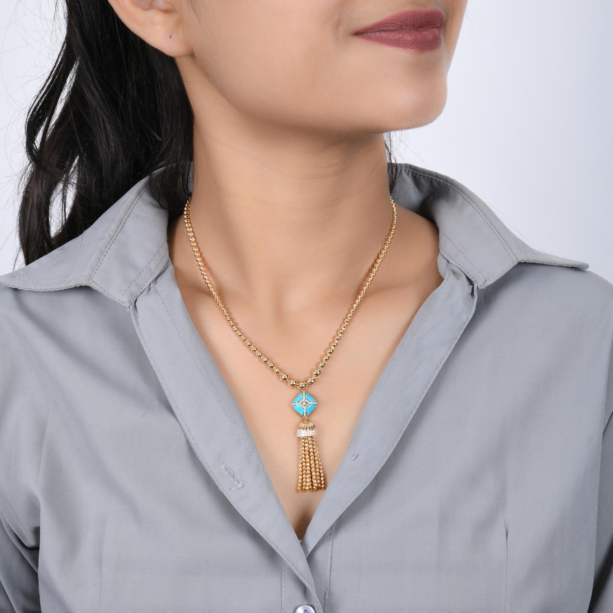 Arizona Turquoise Tassel Pendant 18 Karat Yellow Gold Necklace Diamond Jewelry In New Condition For Sale In Diera, Dubai
