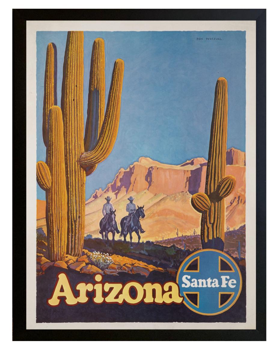 This is a vintage Arizona travel poster for the Santa Fe Southern Railway, issued in the 1940s. A very collectible poster, the composition shows two men on horseback as they pass through the desert, dwarfed on both sides by giant Saguaros cacti. The