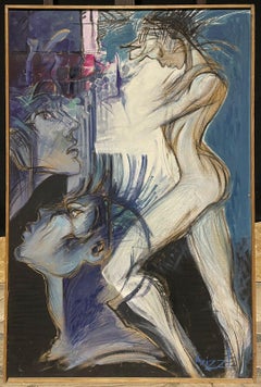 Large Signed Modernist Surrealist Oil Painting Nude Figures Portrait Jazz