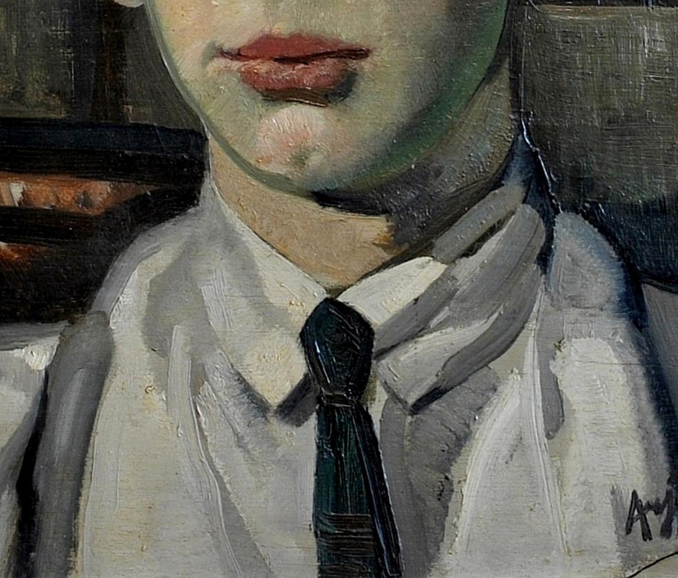 Self Portrait - Dutch Post Impressionist Antique Oil on Panel Painting - Black Portrait Painting by Arjen Galema