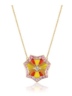 ARK 18K Gold OM Plique-à-Jour Necklace with Pink Sapphires and Diamonds