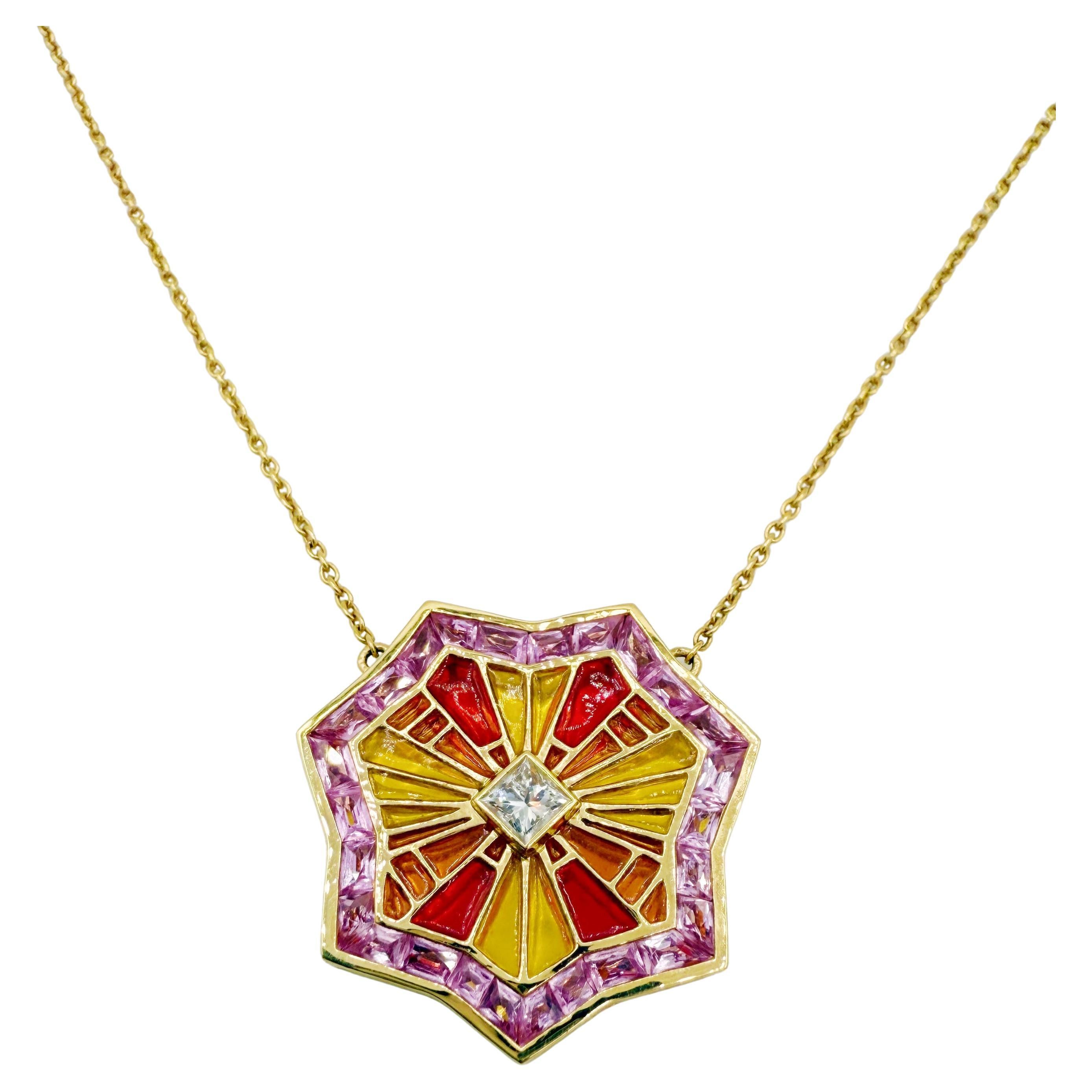 ARK Collana OM Plique-à-Jour in oro 18K con zaffiri rosa e diamanti in vendita