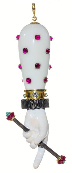 Rubies, White Agate, Diamond and Emeralds Pendant, Gold and Silver