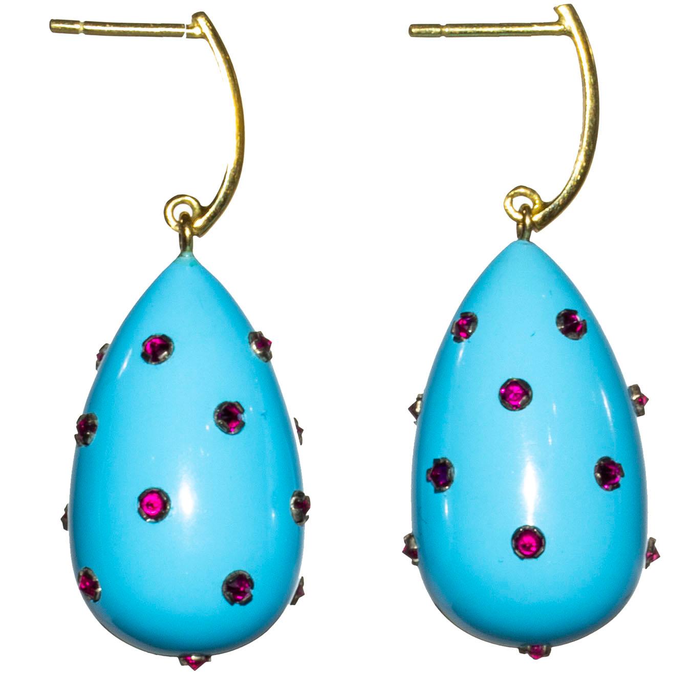 Ark Design, Turquoise, Rubies, Yellow Gold Drop Earrings In New Condition For Sale In New York, NY