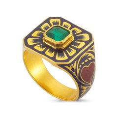 Arka Ring with Emerald and Jaipur Enamel Flower Motif, 22 Karat Yellow Gold