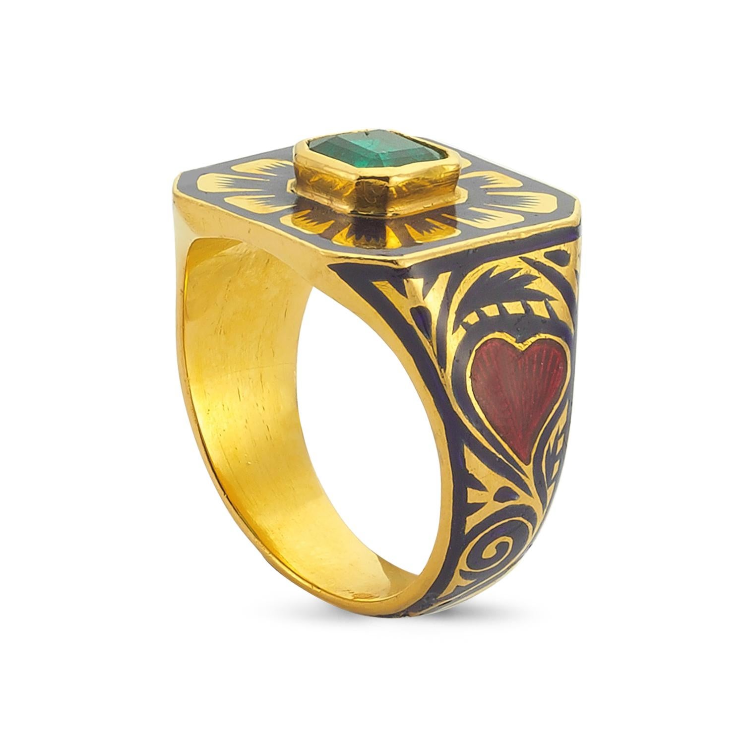 Artisan Arka Ring with Emerald and Jaipur Enamel Flower Motif, 22 Karat Yellow Gold For Sale