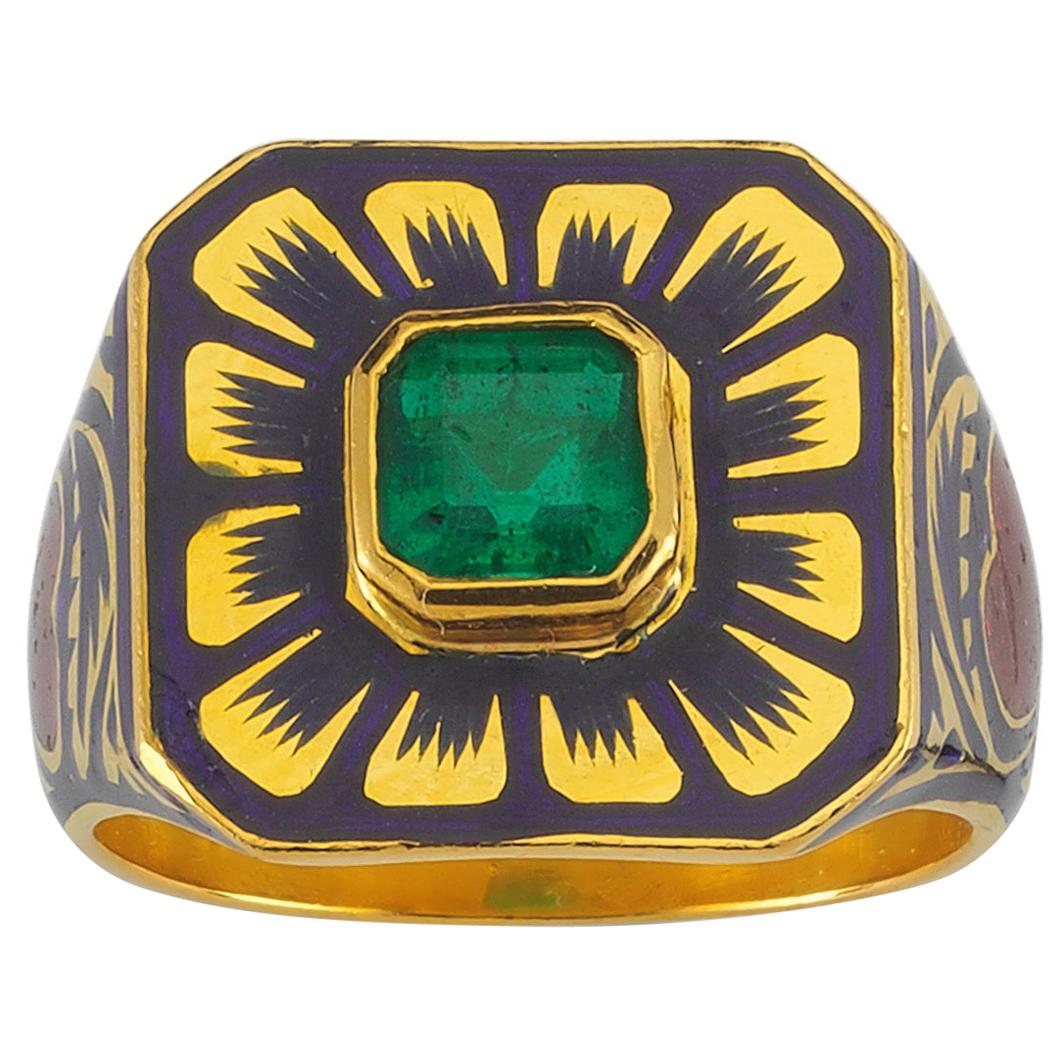 Arka Ring with Emerald and Jaipur Enamel Flower Motif, 22 Karat Yellow Gold For Sale