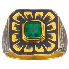 Arka Ring with Emerald and Jaipur Enamel Flower Motif, 22 Karat Yellow Gold