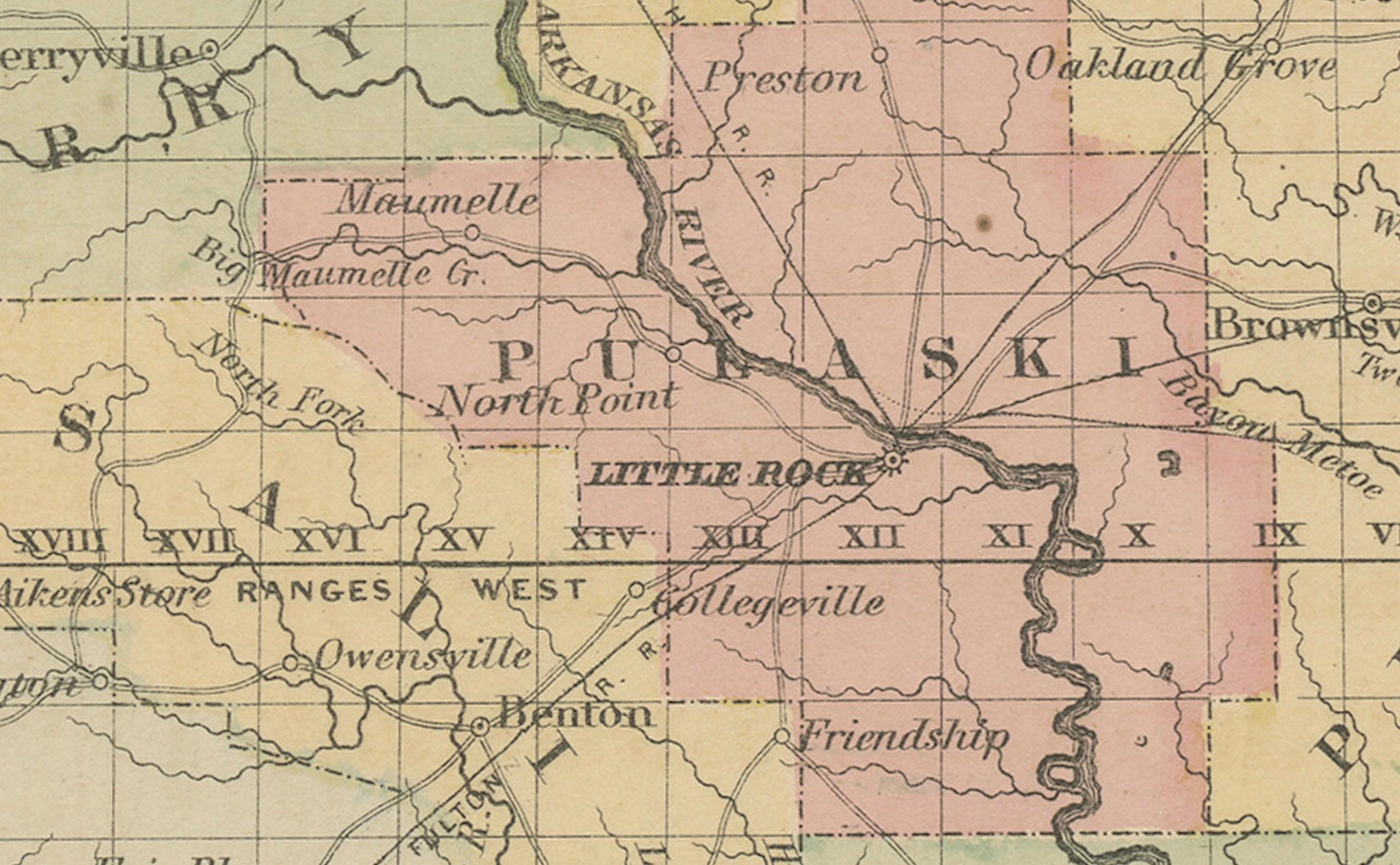 Arkansas Map by Colton, USA Published c.1864 - Mapa del condado coloreado a mano Estadounidense en venta