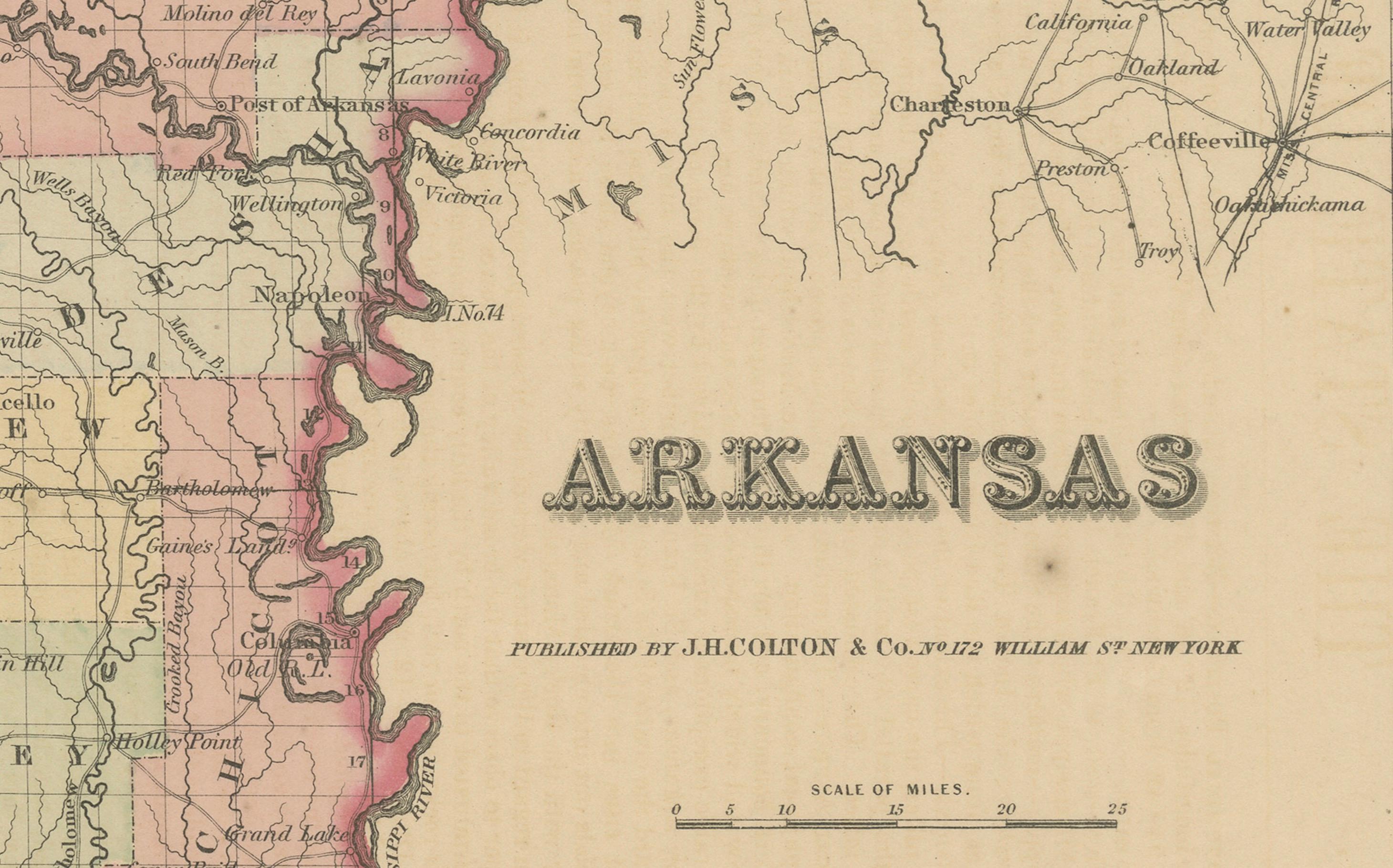 Arkansas Map by Colton, USA Published c.1864 - Mapa del condado coloreado a mano en Bueno estado para la venta en Langweer, NL