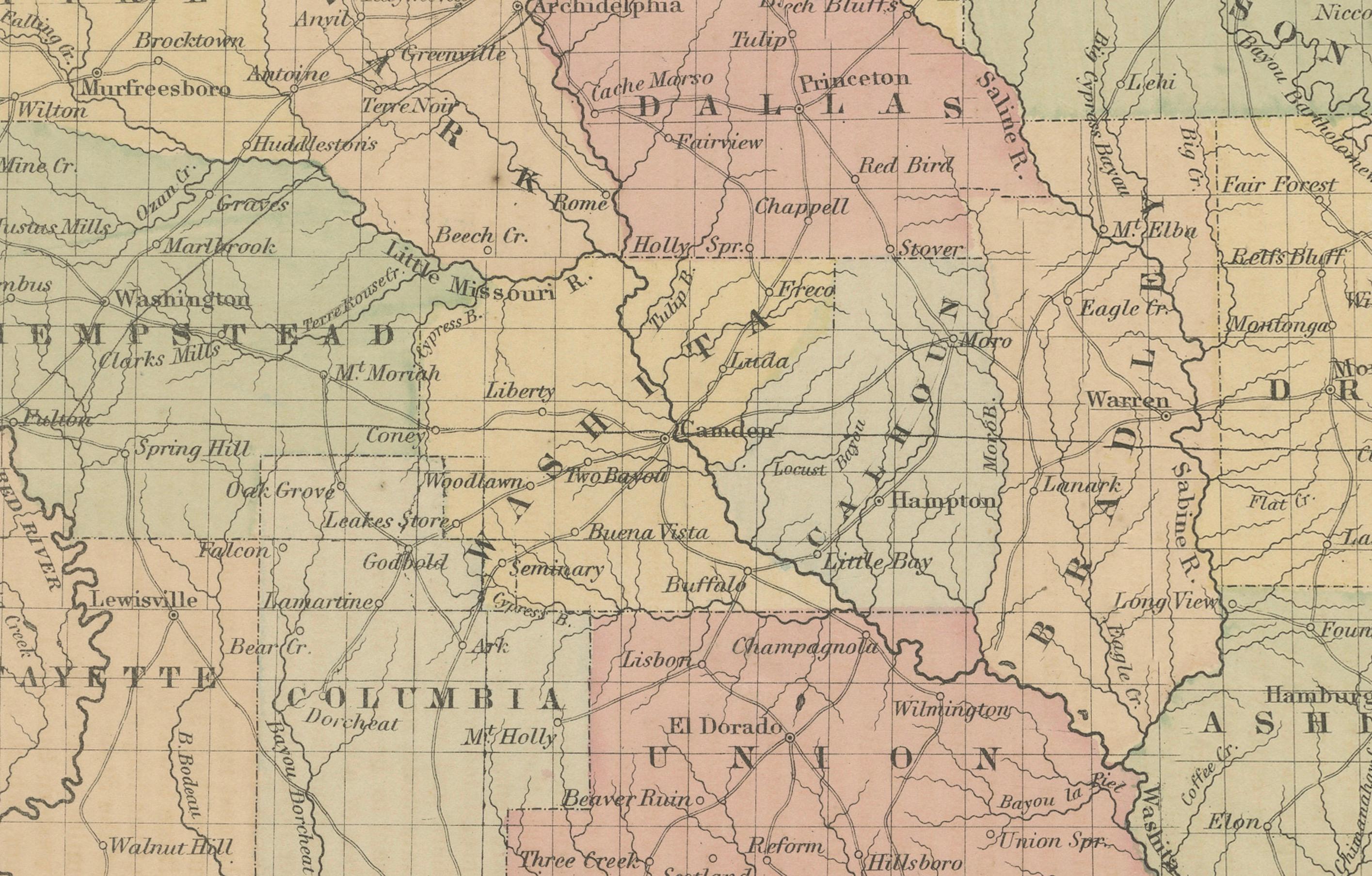 Arkansas Map by Colton, USA Published c.1864 - Mapa del condado coloreado a mano siglo XIX en venta