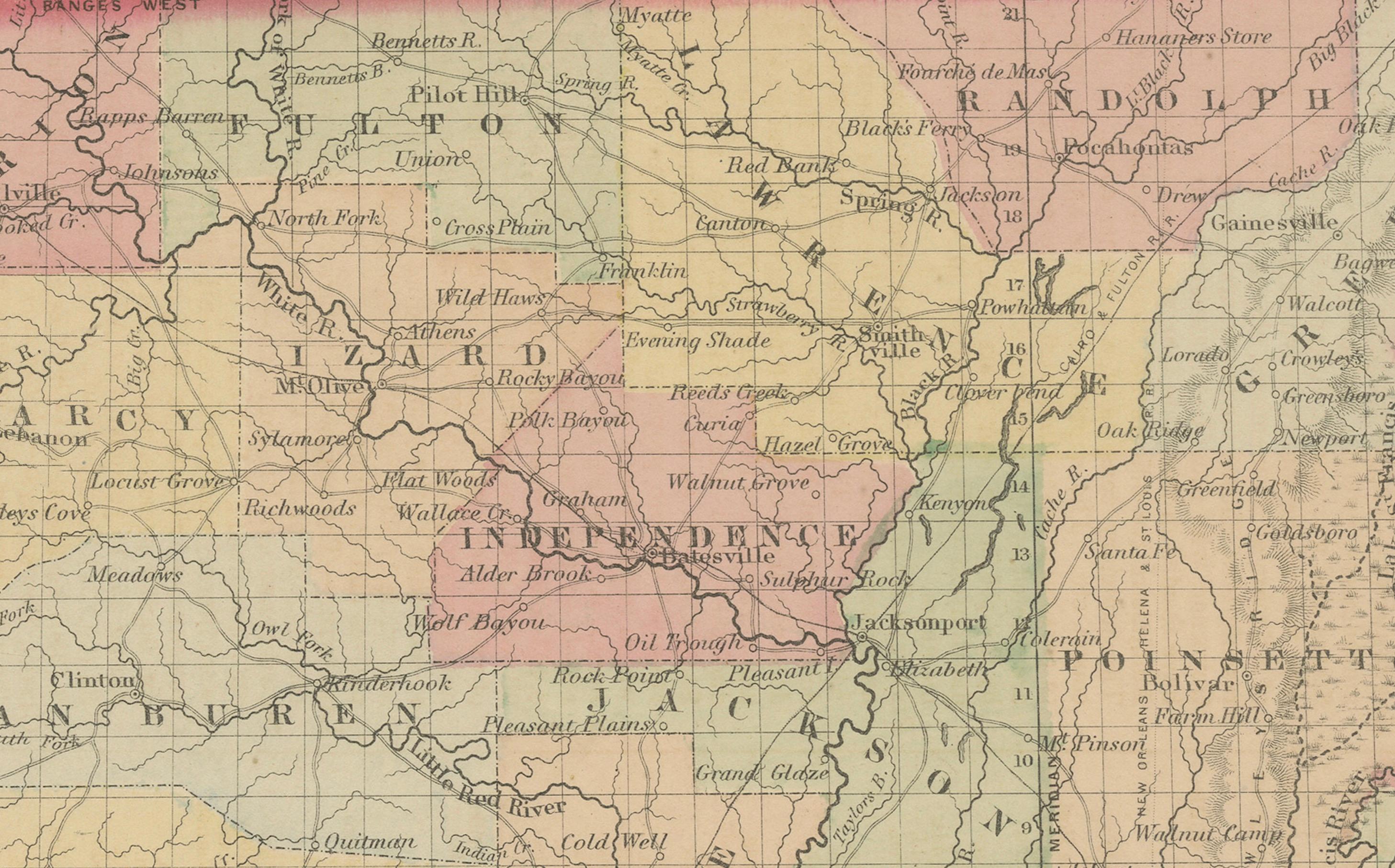 Arkansas Map by Colton, USA Published c.1864 - Mapa del condado coloreado a mano en venta 2